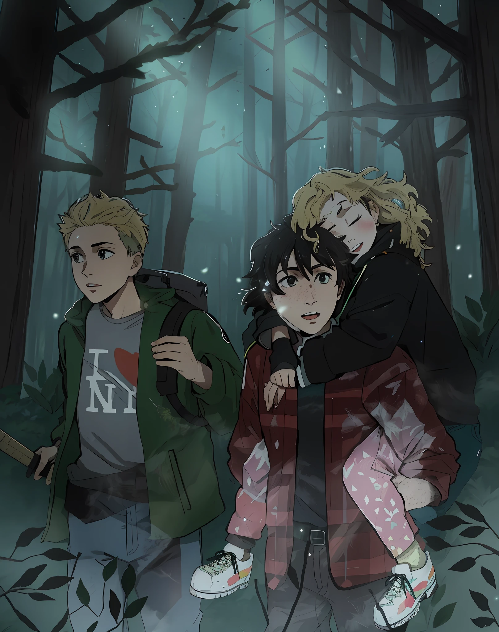 anime: There are three people who are walking together in the forest, fanart oficial, Fanart ", em uma floresta assustadora, meninos perdidos, official fan art, fanart de alta qualidade, in the forest at night, Forrest em segundo plano, floresta em segundo plano, fanart detalhado, in the forest at night, fan art, in a forest at night, estava em uma floresta assustadora