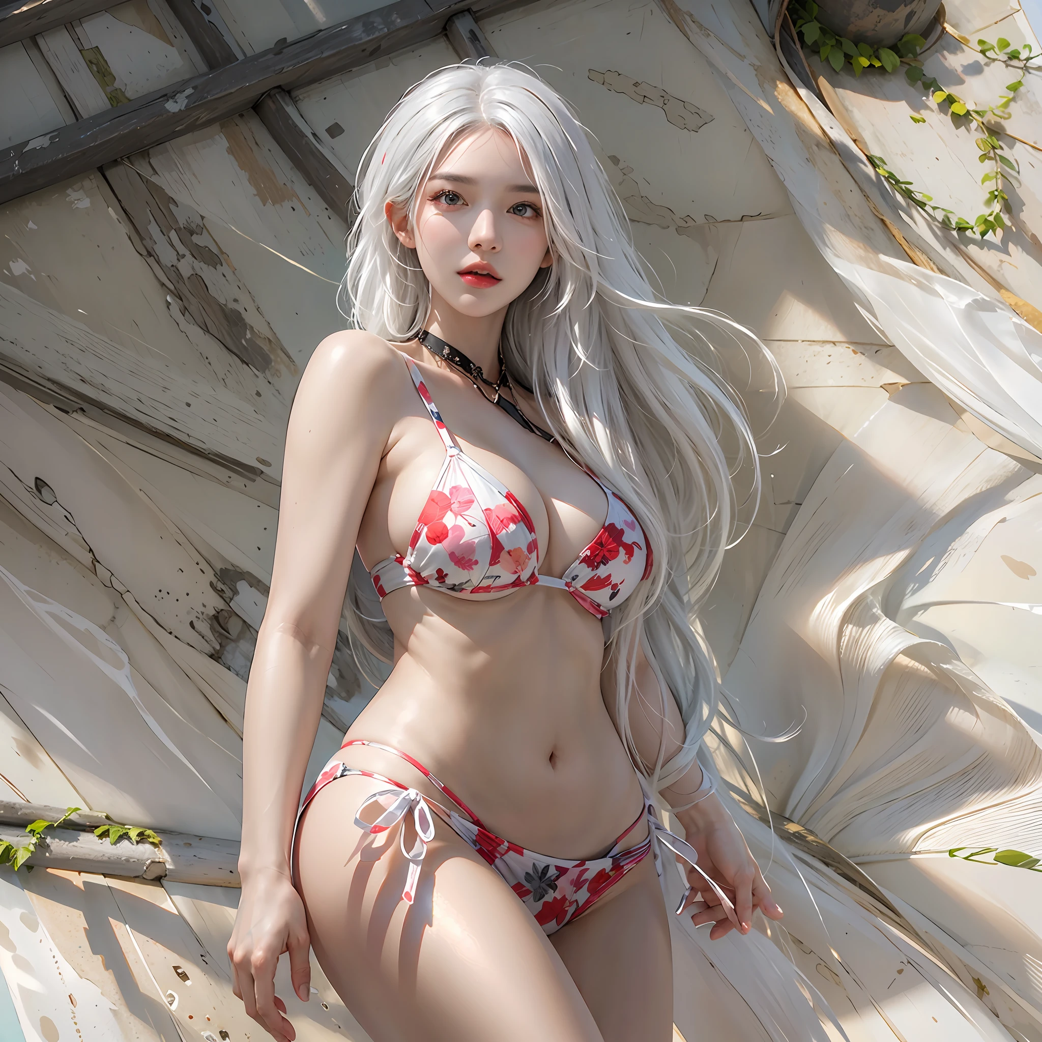 photorealistic, high resolution, one women, solo, hips up, look at viewer, (detailed face), white hair, long hair, micro-bikini