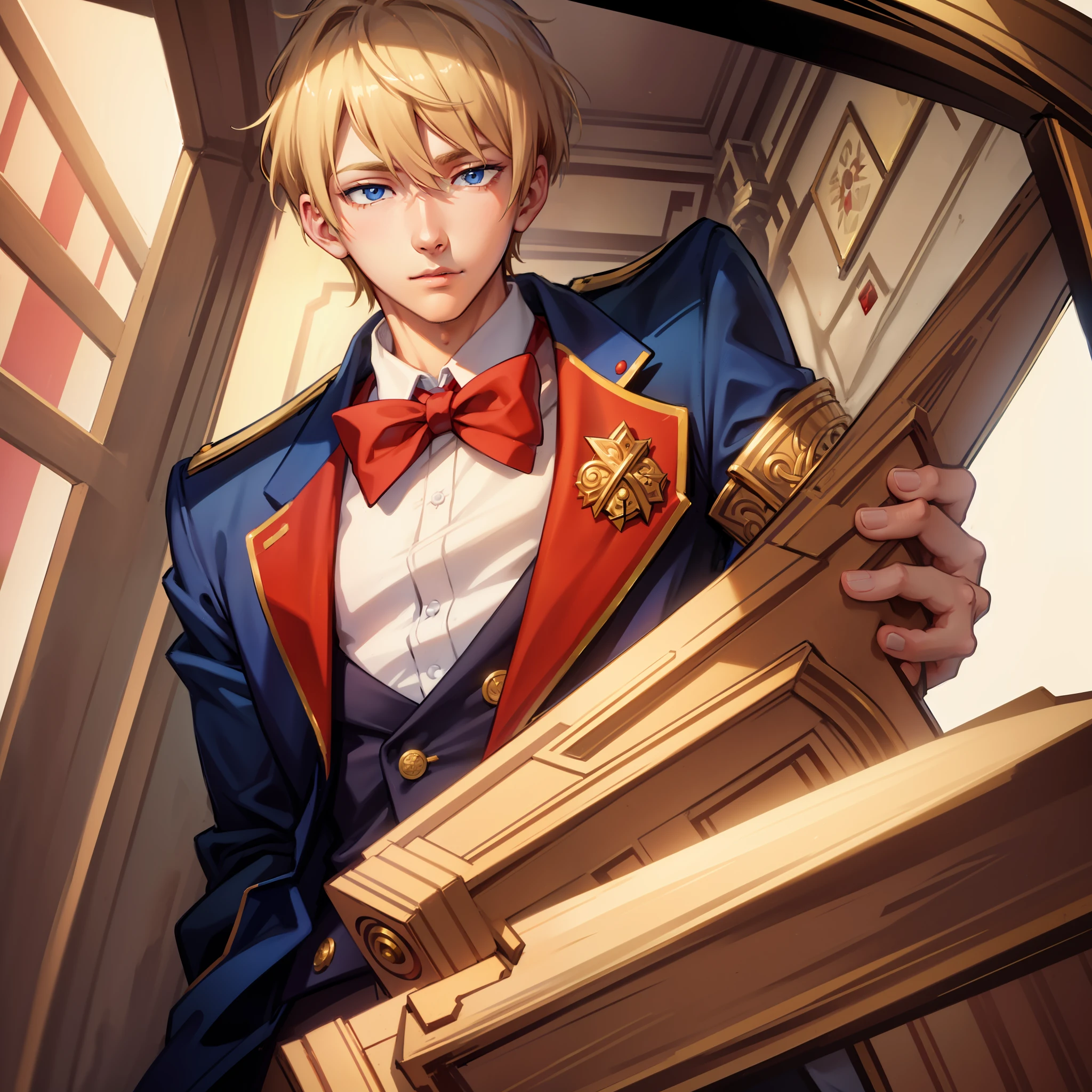 masterpiece, best quality, high quality, 1boy, solo, male focus, looking at viewer, beige hair, crinson eyes, red blazer uniform, blue bowtie