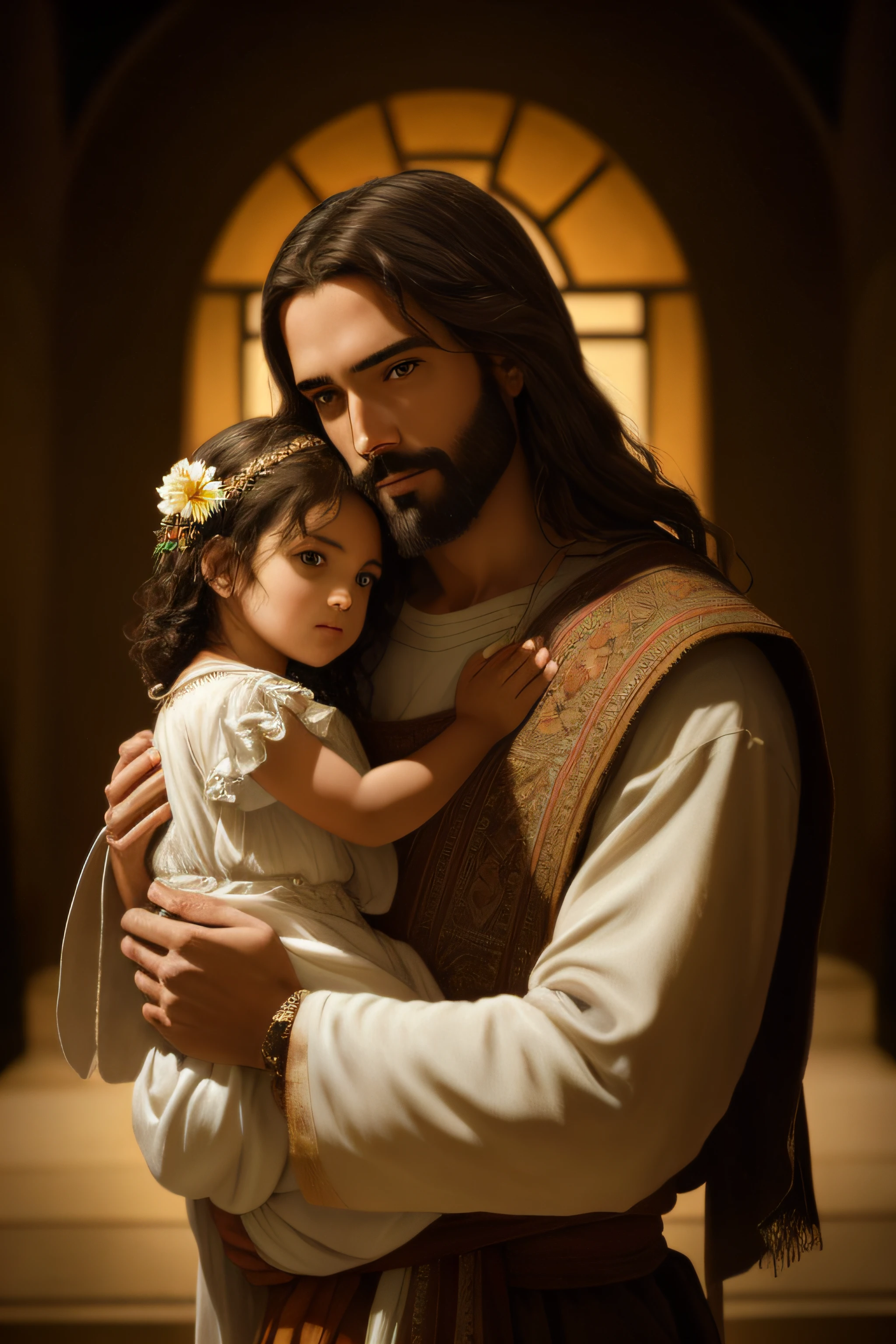 jesus holding a  girl in his arms, Com o Menino Jesus, jesus hugging a woman, Jesus, Jesus Cristo, Retrato de Jesus Cristo, pai com filho, foto muito bonita, Greg Olsen, beautiful depiction, Directed by: Scott Gustafson, Inspirado em Mark Keathley, Directed by: Juan O'Gorman, catholic religious art, jesus of nazareth, pai