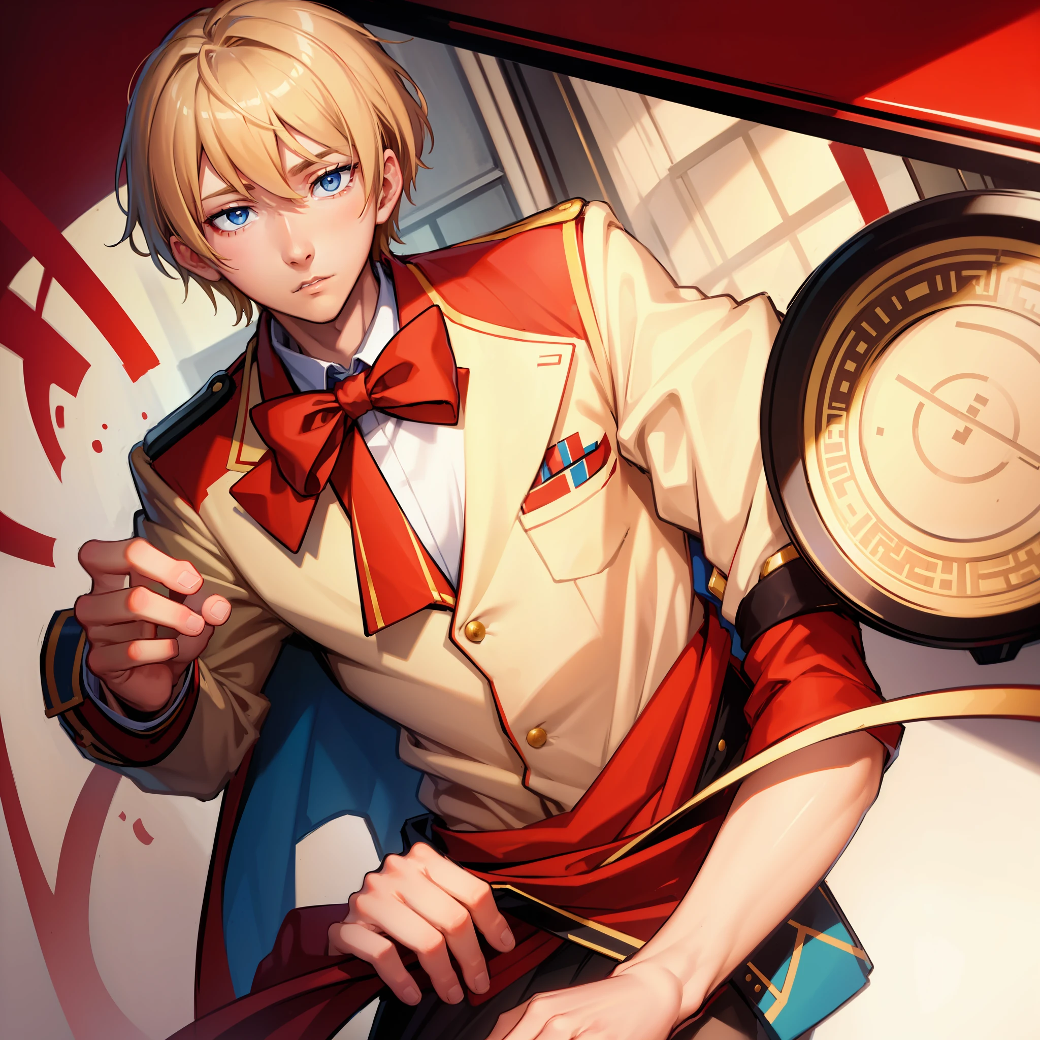 masterpiece, best quality, high quality, 1boy, solo, male focus, looking at viewer, beige hair, crinson eyes, red blazer uniform, blue bowtie
