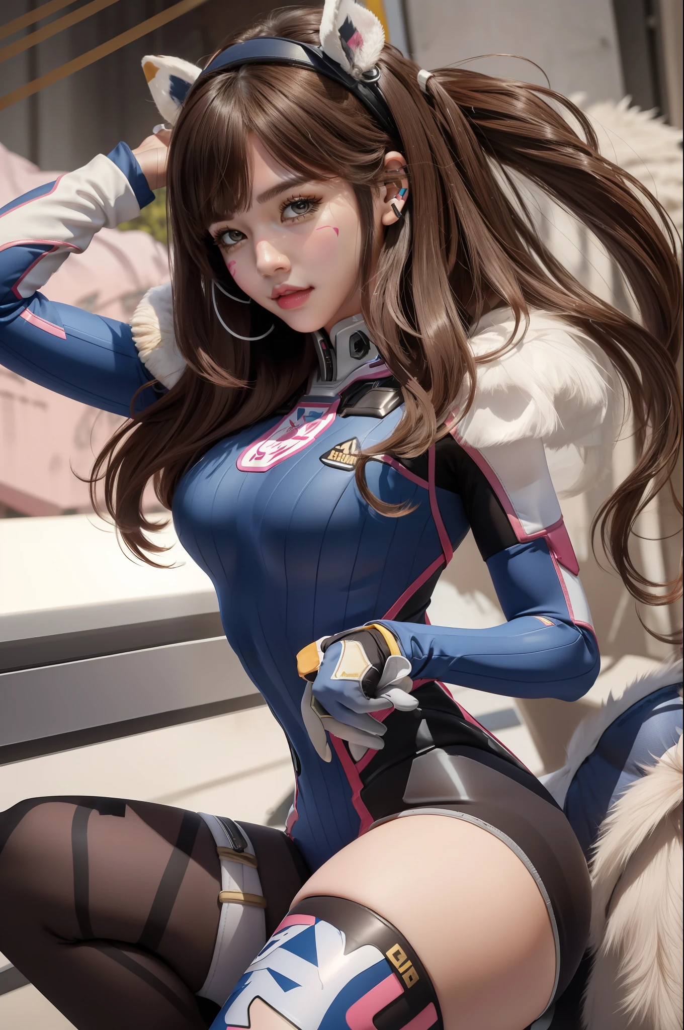 （tmasterpiece，best qualityer），intricately details，
1girll， 1girll， D.va （Overwatch）， 独奏， long whitr hair， Beard markings， tightsuit， brown  hair， face markings， mitts， nedium breasts， with brown eye，Exquisite facial features，The expression of ， pilotsuit， cow boy shot， Earphone， whitegloves， mediuml breasts， sweeping bangs， skin tight， Animal print， By bangs， Rabbit print， Ribbed tights， Face painting， redish pink lips，