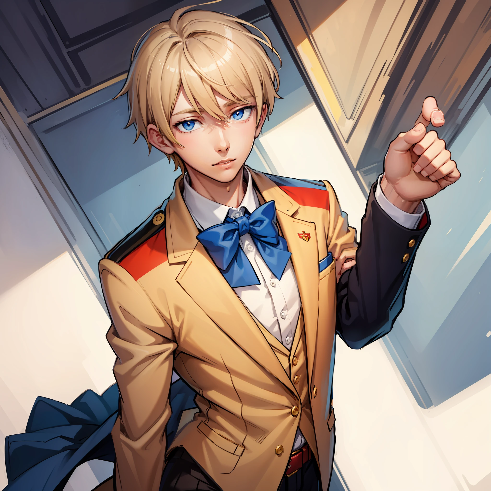 masterpiece, best quality, high quality, 1boy, solo, male focus, looking at viewer, beige hair, crinson eyes, red blazer uniform, blue bowtie