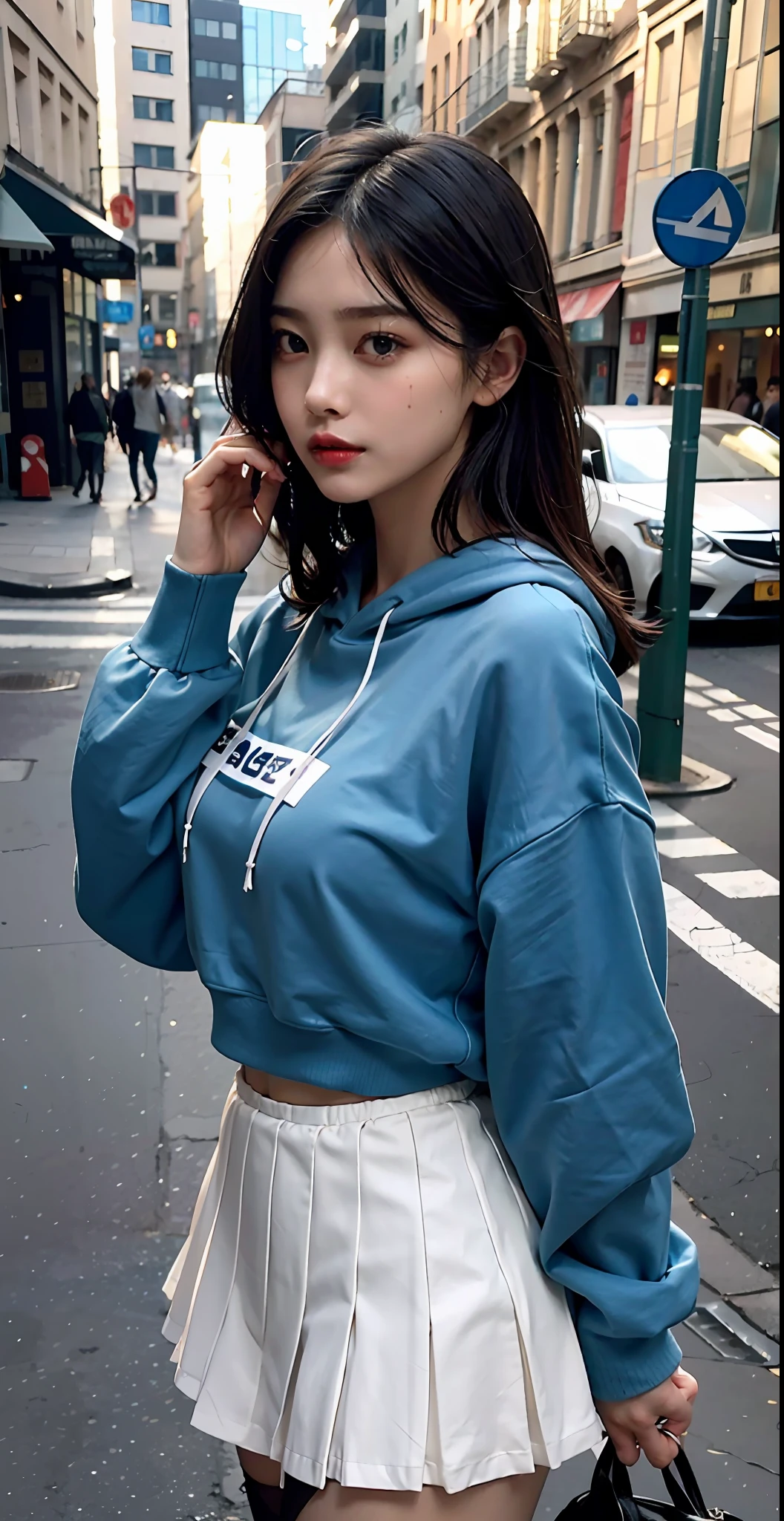 best qualtiy,tmasterpiece,超高分辨率,RAW photogr,Beautiful and beautiful,deep shading,dark themes,(realisticlying:1.4),
1girll, lacepantyhose, White pleated skirt, hoody, slim toned body, Suits,
Elegant composure,Evocative atmosphere,The presence of magnetism,refined seduction,captivating mystique,
Intricate zentangle patterns,A single female figure,astonishinglevelofdetail,A gift for generosity,portrait composition,Striking perspective,A masterpiece of chaos,Elegantly composed,inspired by brutalist architecture,vibrant paint palette,Background,Larissa Manoban,,She is seen wearing streetwear pieces, lofi girl aesthetic, Surrealism female students, Cute face,eye detailed,Delicate eyes,Realistis,hyper realisitc,vivaciousness,sexyposture,Urban streetscape,the city street,Blue,Sweatshirt,Sweet expression,cuteexpression,Full of love,sexyposture,Raised sexy,Super sexy