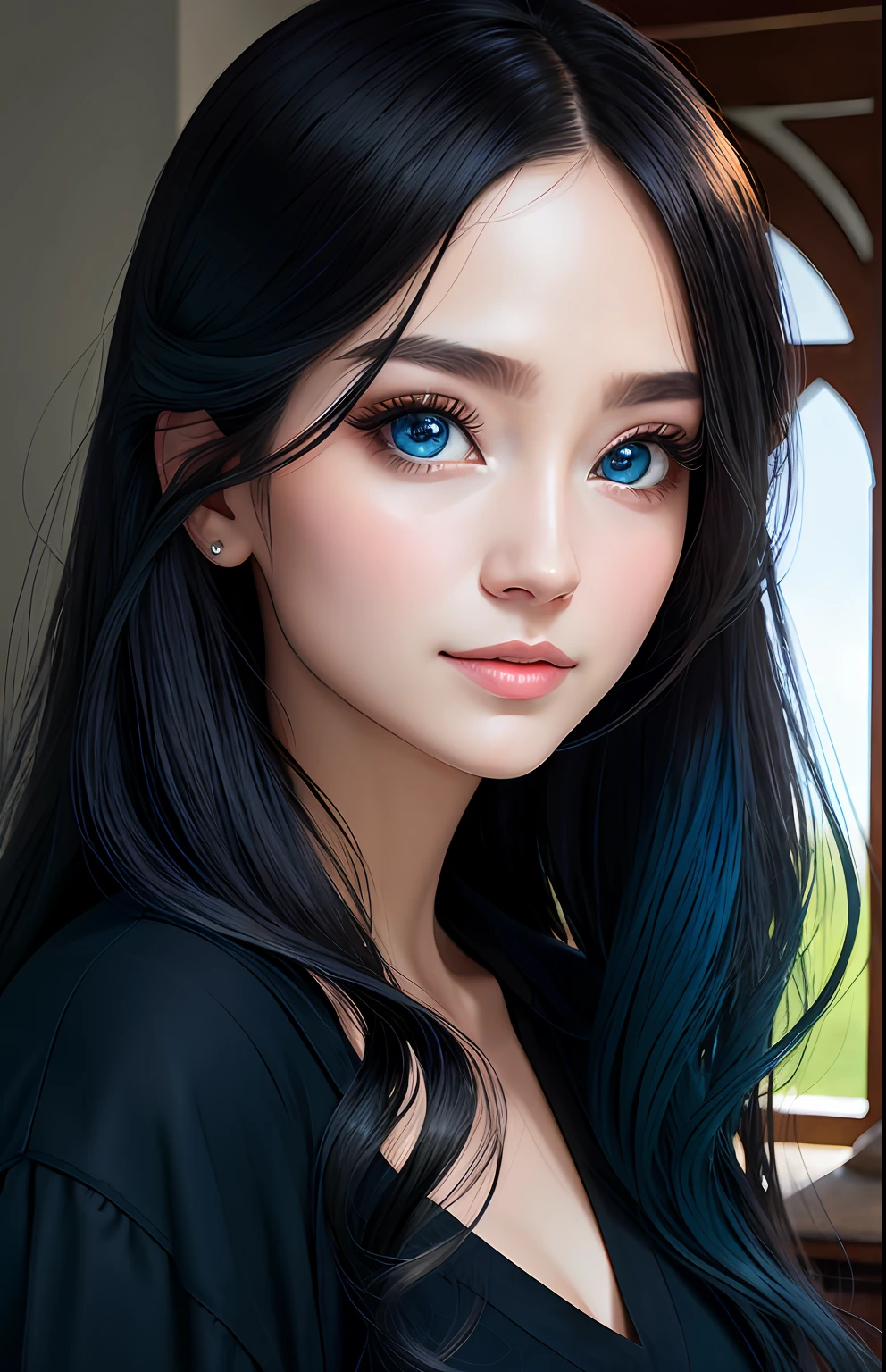 animesque、portraitures、One Person30Year old woman、Moisturized eyes、Glassy eyes、Baby eyes、Black eye、Casual clothing、a picture、oval jaw、beautiful countenance、The hair、Blue eyes with a beautiful glow、LDS Art