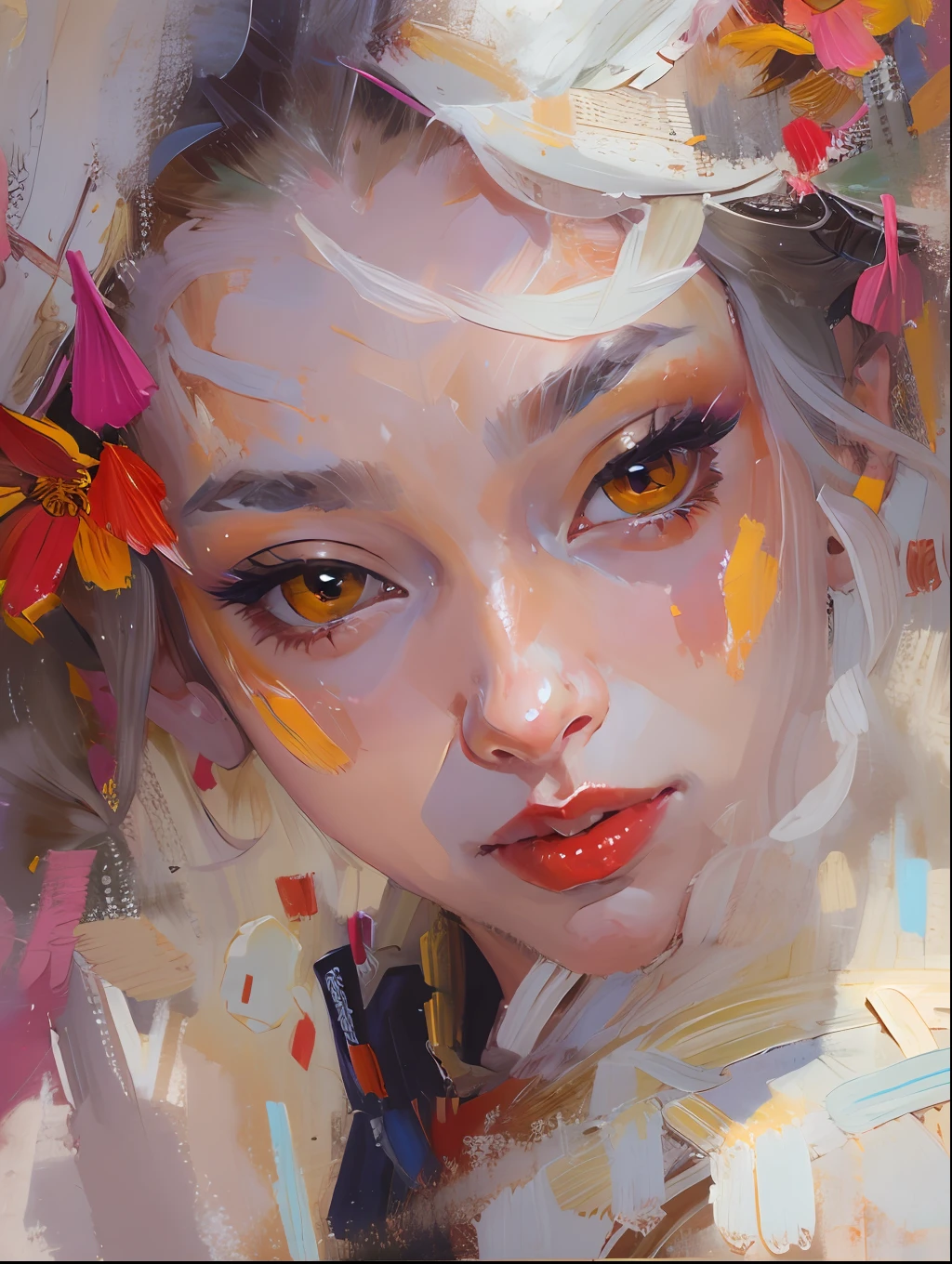 Modern Asian city，Beautiful girl，White Hanfu，cabelos preto e longos，Sexy and seductive red lips，closeup cleavage，Close-up strengthened，portraitures，oil painted，inks，acrycle painting，tmasterpiece，Renaissance style，best qualtiy，A high resolution，super-fine，Eyes detailed，Face detailed，hair detail，Accurate，Clear eye focus close-up