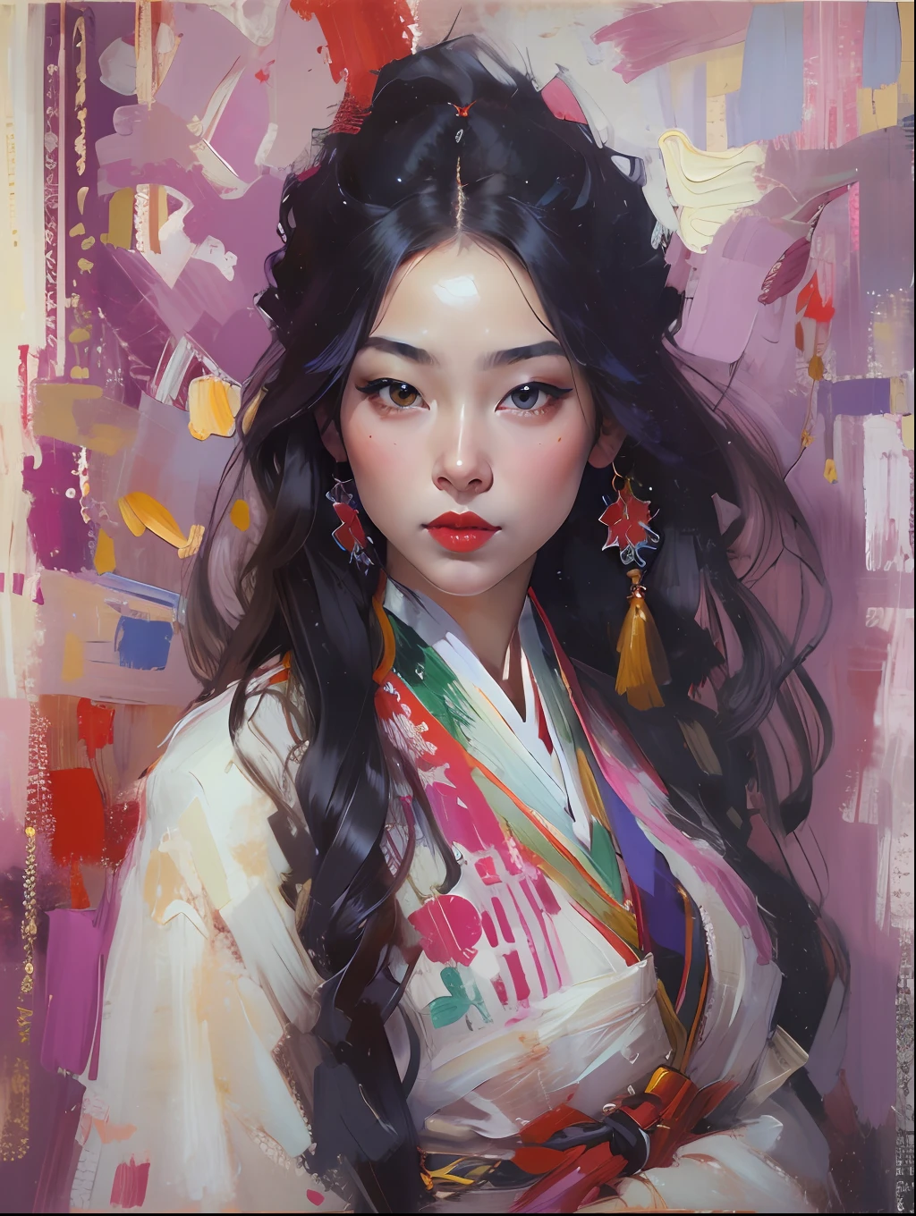 Modern Asian city,Beautiful girl,White Hanfu,cabelos preto e longos,Sexy and seductive red lips,closeup cleavage,Close-up strengthened,portraitures,oil painted,inks,acrycle painting,tmasterpiece,Renaissance style,best qualtiy,A high resolution,super-fine,Eyes detailed,Face detailed,hair detail,Accurate,Clear eye focus close-up