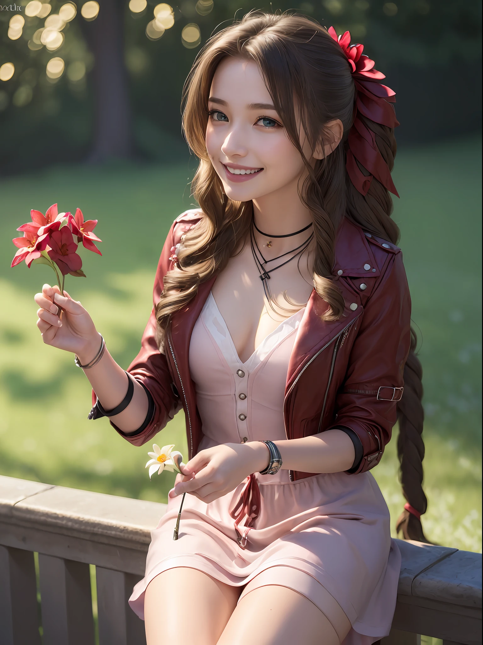 (masterpiece, best quality:1.4), (future days), (standind:1.2), pov, (happy smile:1.5), (offer a flower to the viewer:1.5), (1girl), solo, (european youth:1), aerith gainsborough, choker, cropped jacket, hair bow, bracelet, pink dress, brown boots, very long hair, hair ribbons, hair flowers, strapless red dress, high heels hyperrealistic, high detailed skin, dslr, soft lighting, high quality, highly detailed face, highly detailed skin, skin pores, subsurface scattering, realistic pupils, medium breast, full face blush, full lips, detailed background, depth of field, volumetric lighting, sharp focus, absurdres, realistic proportions, good anatomy, (realistic, hyperrealistic:1.4), 16k hdr,