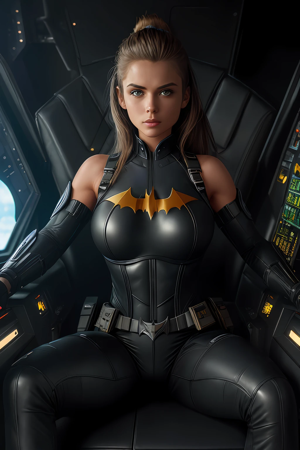 (Extremely detailed 8k wallpaper), bat girl sitting in a futuristic fighter jet cockpit, black futuristic fighter jet cockpit, sitting in black leather pilot seat, sitting in leather seat in cockpit, futuristic fighter jet cockpit:1.3, batgirl:1.2, confident, many switches and lights, long hair, bra, sexy top, short top:1.2, calm, modern futuristic clothing, complex, highly detailed, and dramatic, cinematic lighting, bright scene, soft lights, large breasts:1.4, nsfw:1.4, fit girl, lean girl, dark gray tight leather clothes, cleavage, batman logo:1.4