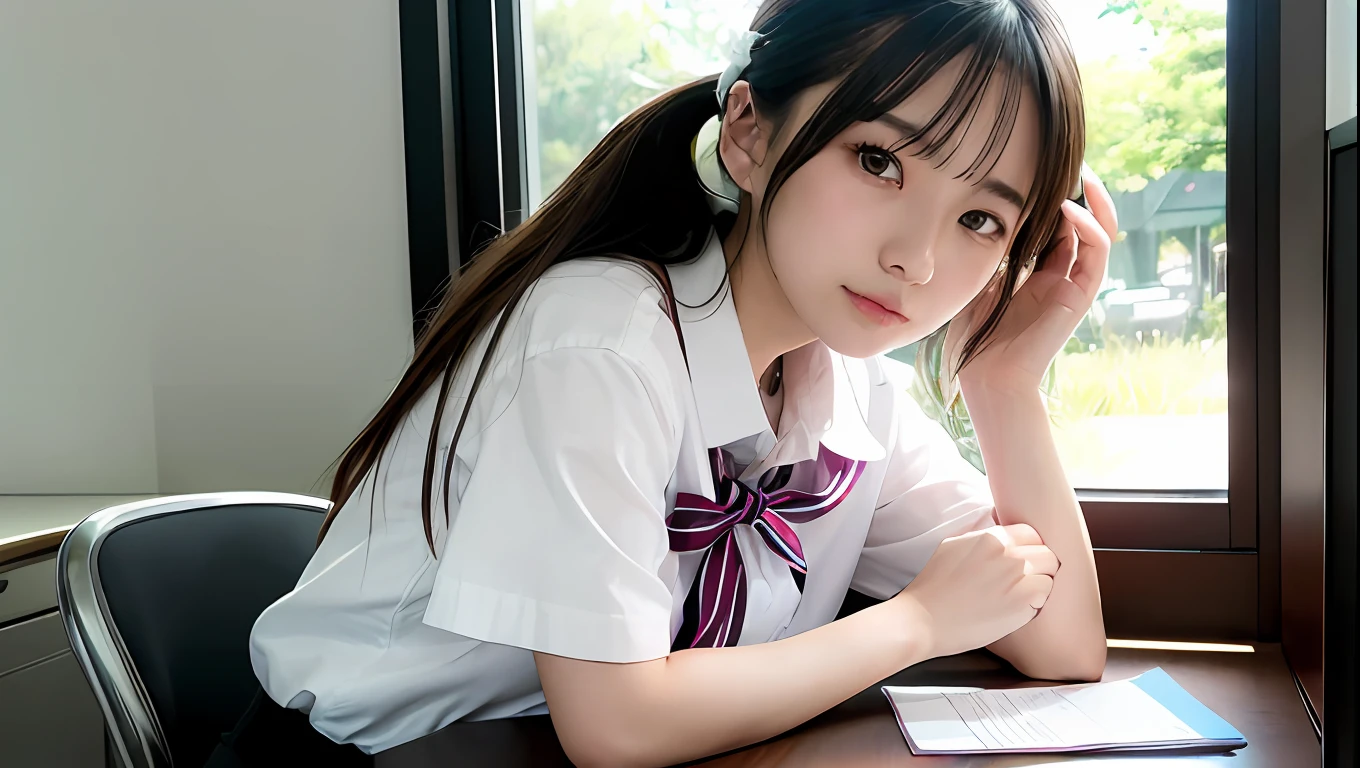 女の子1人、20 years girl、Summer School Uniforms、hairstyle on(A dark-haired)、a picture、realisticlying、top-quality、adopt、A detailed face、s Office、a desk、细致背景、diffuse sunlight、depth of fields、独奏