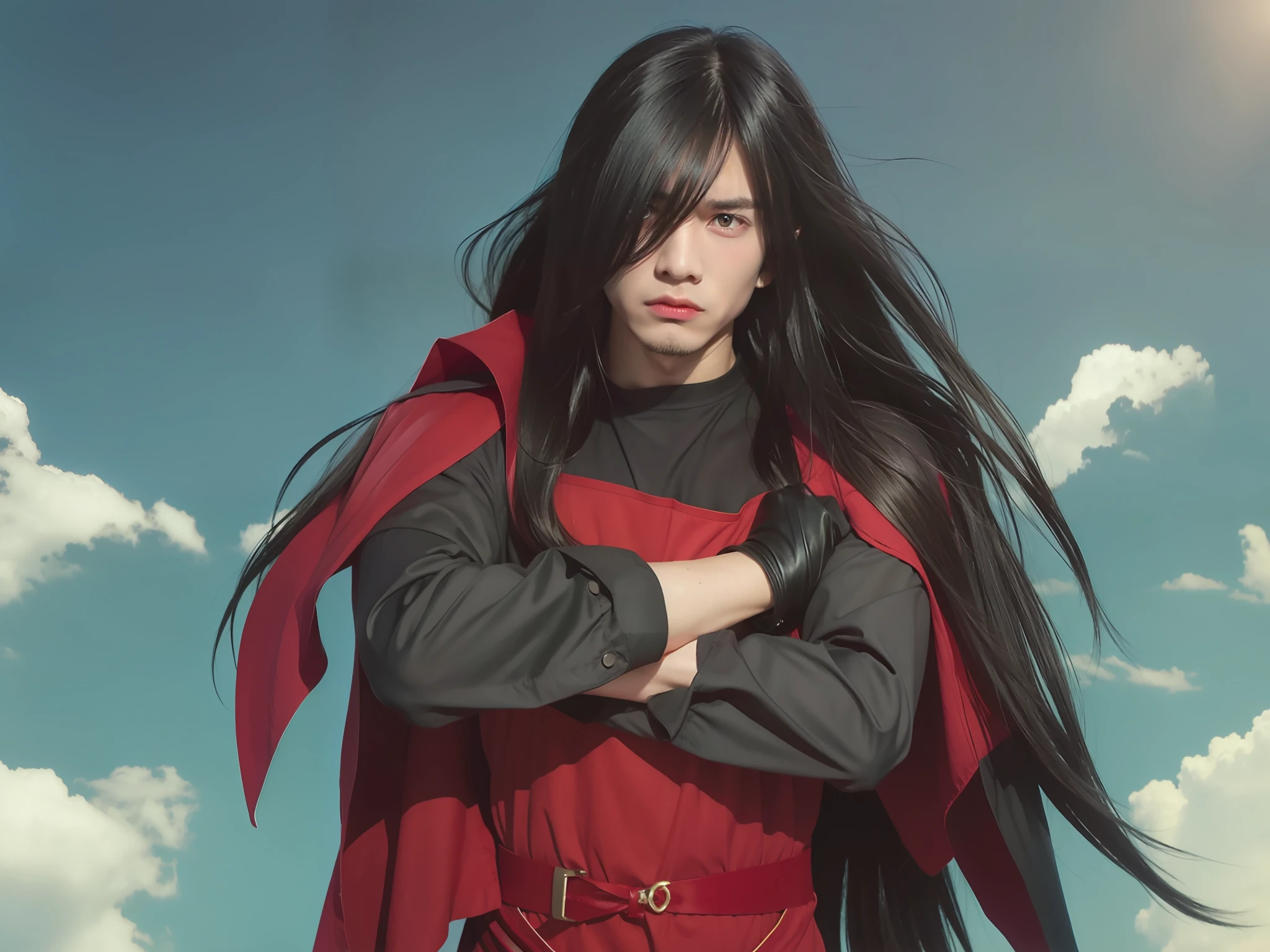 1boy,long spike hair,black hair,hair over one eye,no emotion, serious,angry face,muscles body,veins,line on face,real men,black clothes,long sleeve,red iron armor,cross arm,black glove,cracked face,looking at viewer,side body,men face,male focus, realistic, more details, 70 mm lens