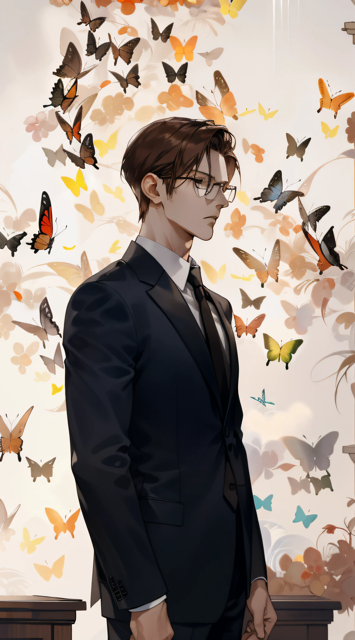 （A high resolution，ultra - detailed），1 male，独奏，AS-Adult，mature，Tall muscular man，broad shoulder，Handsome，brunette color hair，closing her eyes，With a pair of glasses, Angular chin，Slender neck，press photography，documentary photography, Visual storytelling, capturing moments, historical records, social commentary, Powerful images，In black suit, Suit white shirt, Upper body, tall nose bridge，Sideways，Butterfly on white and clean background, the detail，(((closing her eyes))), Sad, Slightly open mouth, There are many small butterflies in the background, Red butterfly, Black butterfly, Brown butterfly, White butterfly, Reddish-brown tie，(((Clean and white background)))，(((closing eyes))),