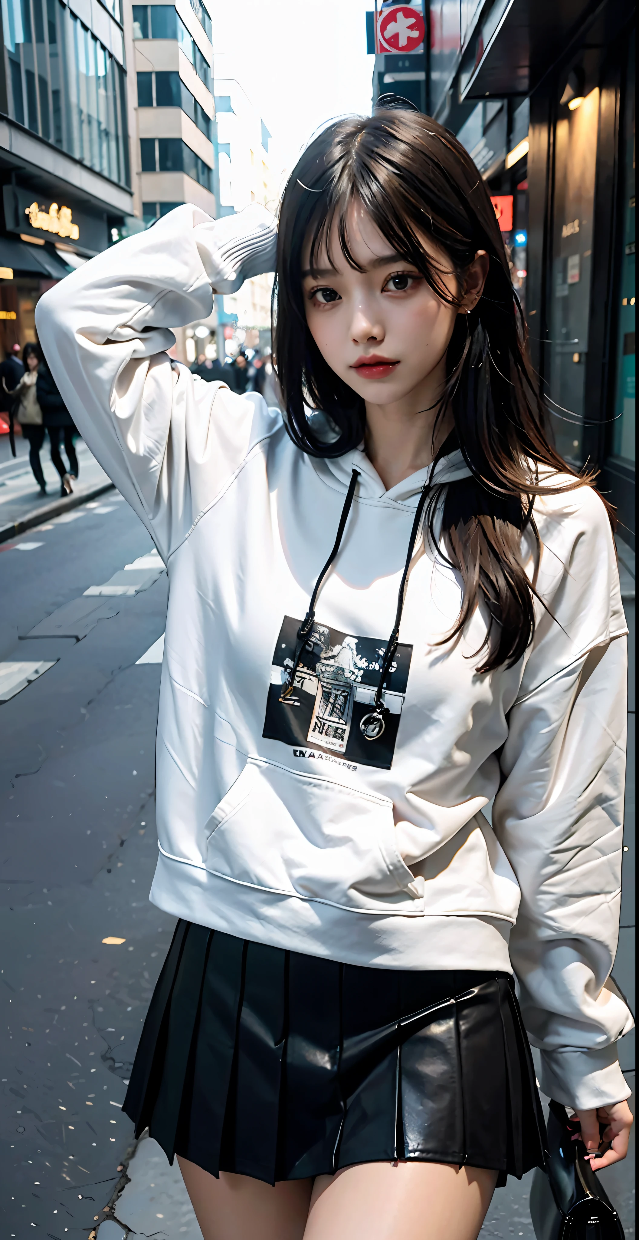 best qualtiy,tmasterpiece,超高分辨率,RAW photogr,Beautiful and beautiful,deep shading,dark themes,(realisticlying:1.4),
1girll, lacepantyhose, White pleated skirt, hoody, slim toned body, Suits,
Elegant composure,Evocative atmosphere,The presence of magnetism,refined seduction,captivating mystique,
Intricate zentangle patterns,A single female figure,astonishinglevelofdetail,A gift for generosity,portrait composition,Striking perspective,A masterpiece of chaos,Elegantly composed,inspired by brutalist architecture,vibrant paint palette,Background,Larissa Manoban,,She is seen wearing streetwear pieces, lofi girl aesthetic, Surrealism female students, Cute face,eye detailed,Delicate eyes,Realistis,hyper realisitc,vivaciousness,sexyposture,Urban streetscape,the city street,Blue,Sweatshirt,Sweet expression,cuteexpression,Full of love,sexyposture,Raised sexy,Super sexy