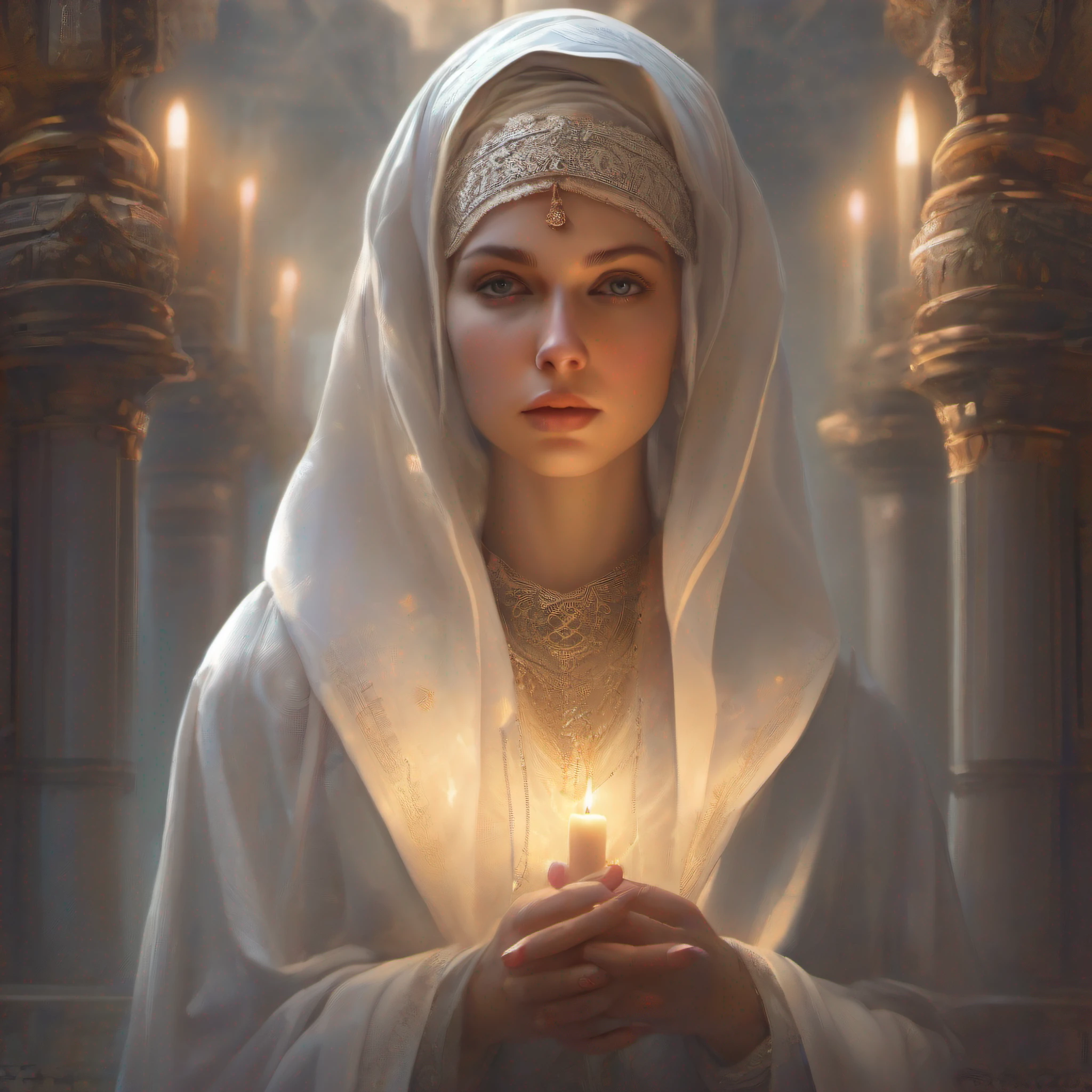 portrait of Russian girl, (a white headscarf is tied on her head), in the temple, praying, candles are burning, dreamy and ethereal, expressive pose, perfect symmetric eyes, detailed gorgeous face, exciting expression, intricate, elegant, highly detailed,
digital painting, artstation, concept art, smooth, sharp focus, illustration,
art by Alexander Shilov, 8k uhd, dslr, soft lighting, high quality