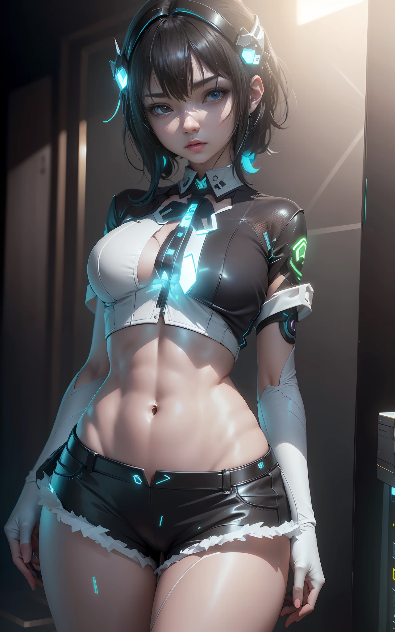 ((best qualtiy)), ((tmasterpiece)), (the detail:1.4), 3D, A beautiful cyberpunk female image,HDR(HighDynamicRange),Ray traching,NVIDIA RTX,Super-Resolution,Unreal 5,Subsurface scattering、PBR Texture、post-proces、Anisotropy Filtering、depth of fields、maximum definition and sharpness、Many-Layer Textures、Albedo e mapas Speculares、Surface Coloring、Accurate simulation of light-material interactions、perfectly proportions、Octane Render、Two-colored light、largeaperture、Low ISO、White balance、the rule of thirds、8K RAW、Smaller white lace bottoms translucent top with raised