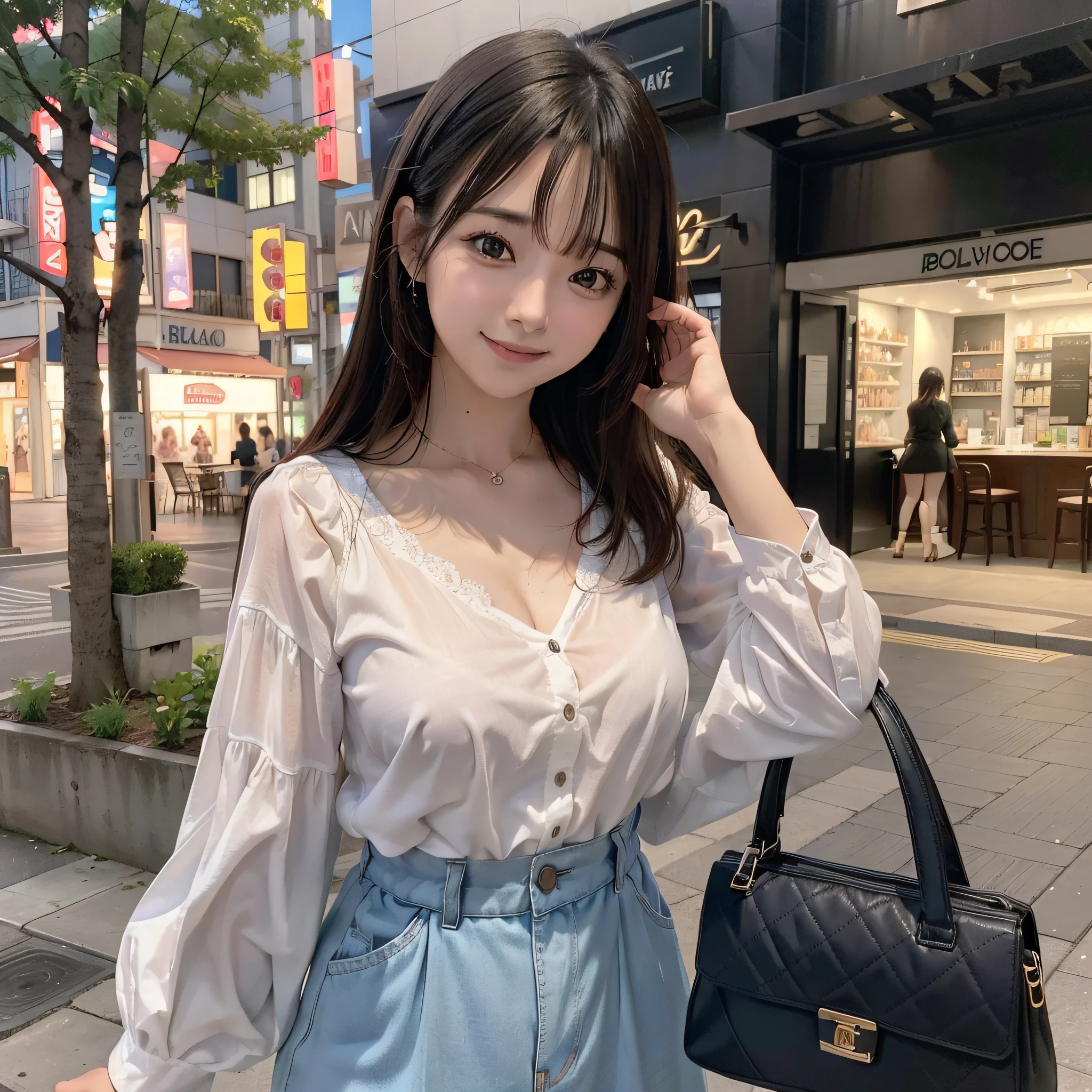 There's a woman who's on the street with a purse, acariciando gato branco, Ulzzang, (8k, foto RAW, melhor qualidade, obra-prima: 1.2), (realista, foto-realista: 1.37), ultra-detalhado, 1 menina, bonito, solo, beautiful detailed sky, Detailed café, noite, sentado, namoro, (nariz corado), (sorriso: 1.1), (boca fechada), middlebreasts, belos olhos detalhados, (camisa colarada: 1.1), gravata borboleta, saia plissada,