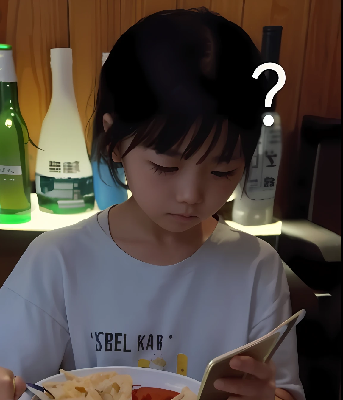 There was a little girl sitting at the table，holding cell phone, Looking confused, あかさたなは on twitter, looking at his phone, komono, confused facial expression, trying to read, High-quality video