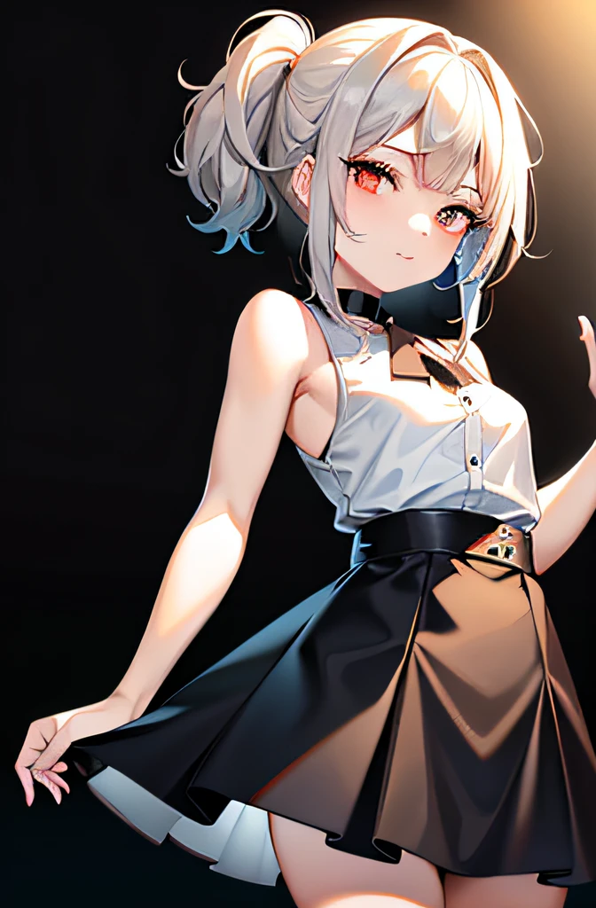 best quality, ultra high res, 1girl, sleeveless white button shirt, black skirt, black choker, cute, (Kpop idol), (aegyo sal:1), (platinum blonde hair:1), ((puffy eyes)), looking at viewer, full body, facing front