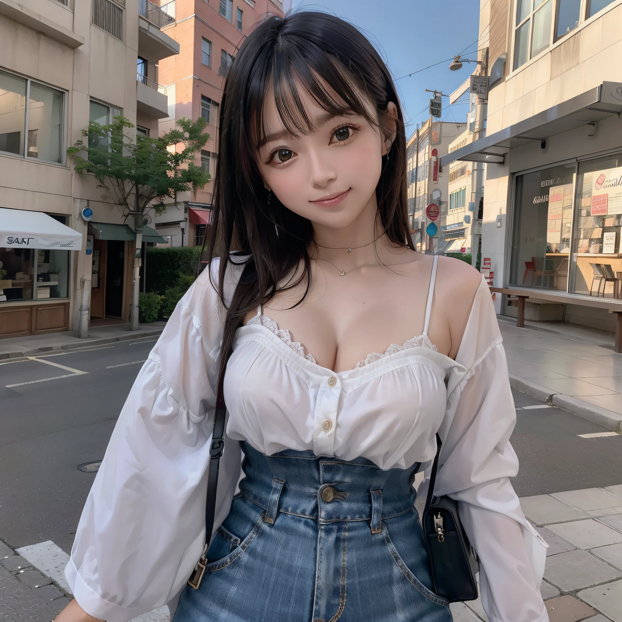 There's a woman who's on the street with a purse, acariciando gato branco, Ulzzang, (8k, foto RAW, melhor qualidade, obra-prima: 1.2), (realista, foto-realista: 1.37), ultra-detalhado, 1 , bonito, solo, beautiful detailed sky, Detailed café, noite, sentado, namoro, (nariz corado), (sorriso: 1.1), (boca fechada), middlebreasts, belos olhos detalhados, (camisa colarada: 1.1), gravata borboleta, saia plissada,