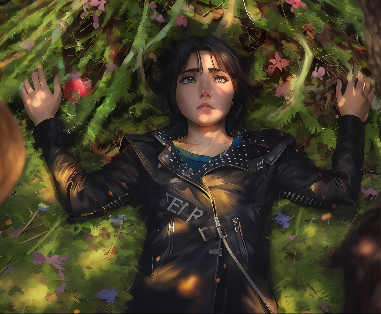 anime: adolescente feminina de cabelos pretos e olhos azuis, rosto detalhado. She's hurt and crying. is wearing a black leather jacket. It is lying on the ground amid the roots of a tree.
