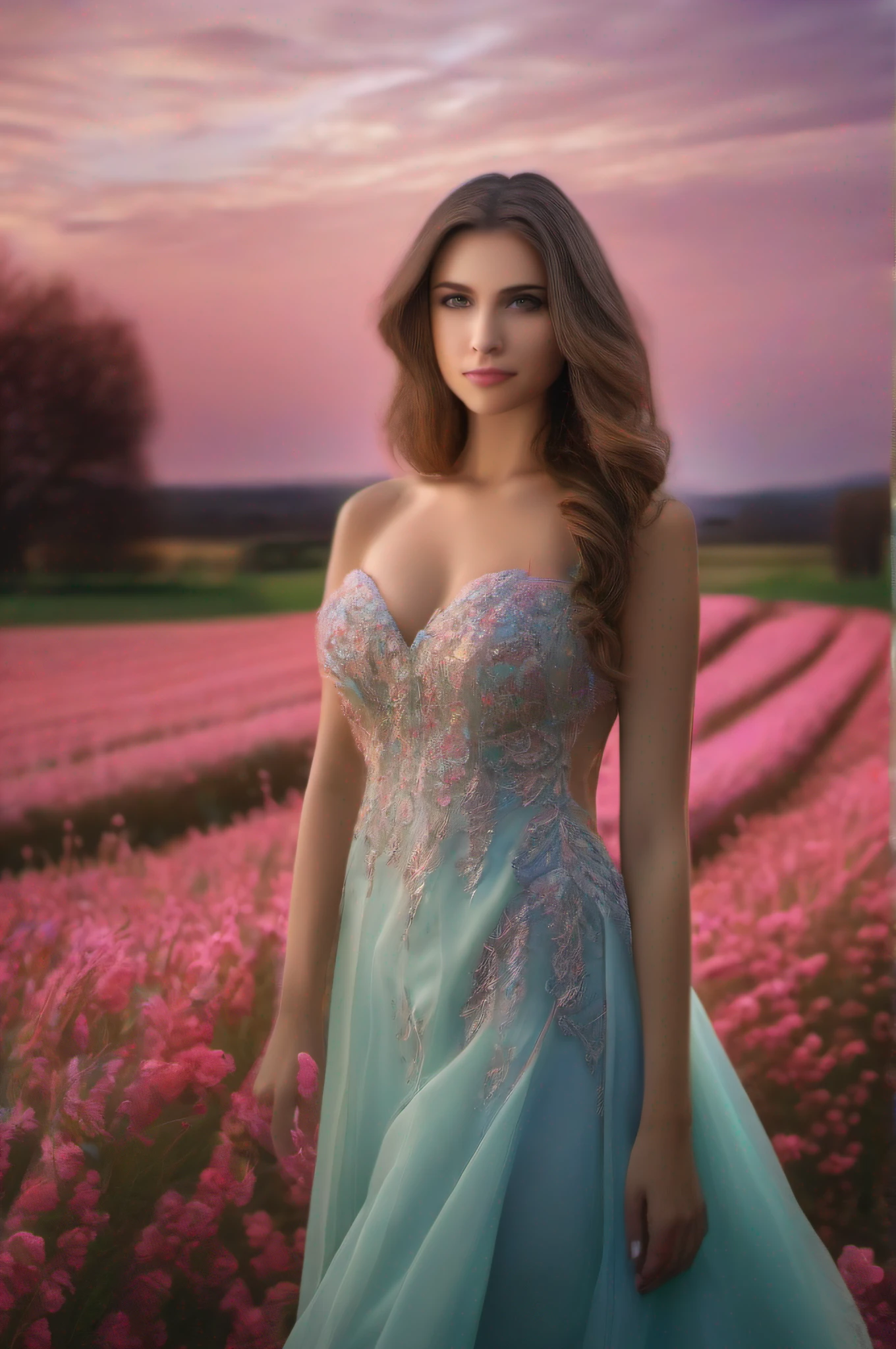 beautiful woman, beautiful dress, beautiful color field, award winning landscape photo, perfect symmetric eyes, gorgeous face, 8k uhd, dslr, soft lighting, high quality, film grain, Fujifilm XT3