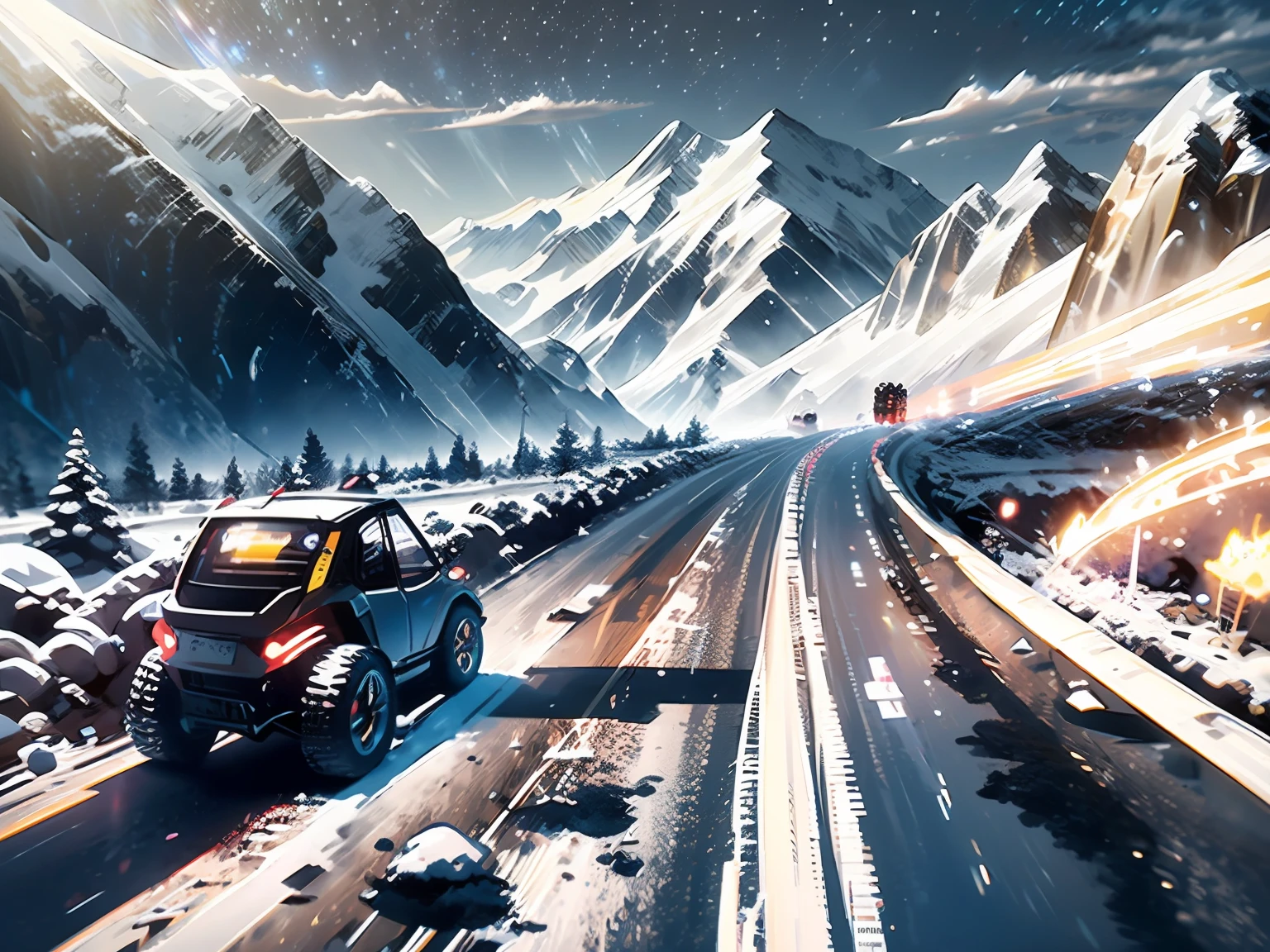 Sci-fi anime pictures,In the middle of the vast snowy mountain road,An SUV car speeding,Intermountain highway,game scenes,Greet the sun,Vast snow-capped mountains,Ark night game style illustration,Fan art,Beautiful anime drawings ,Anime illustration style,Silver-blue sci-fi buggy,Game scene illustration,2d anime