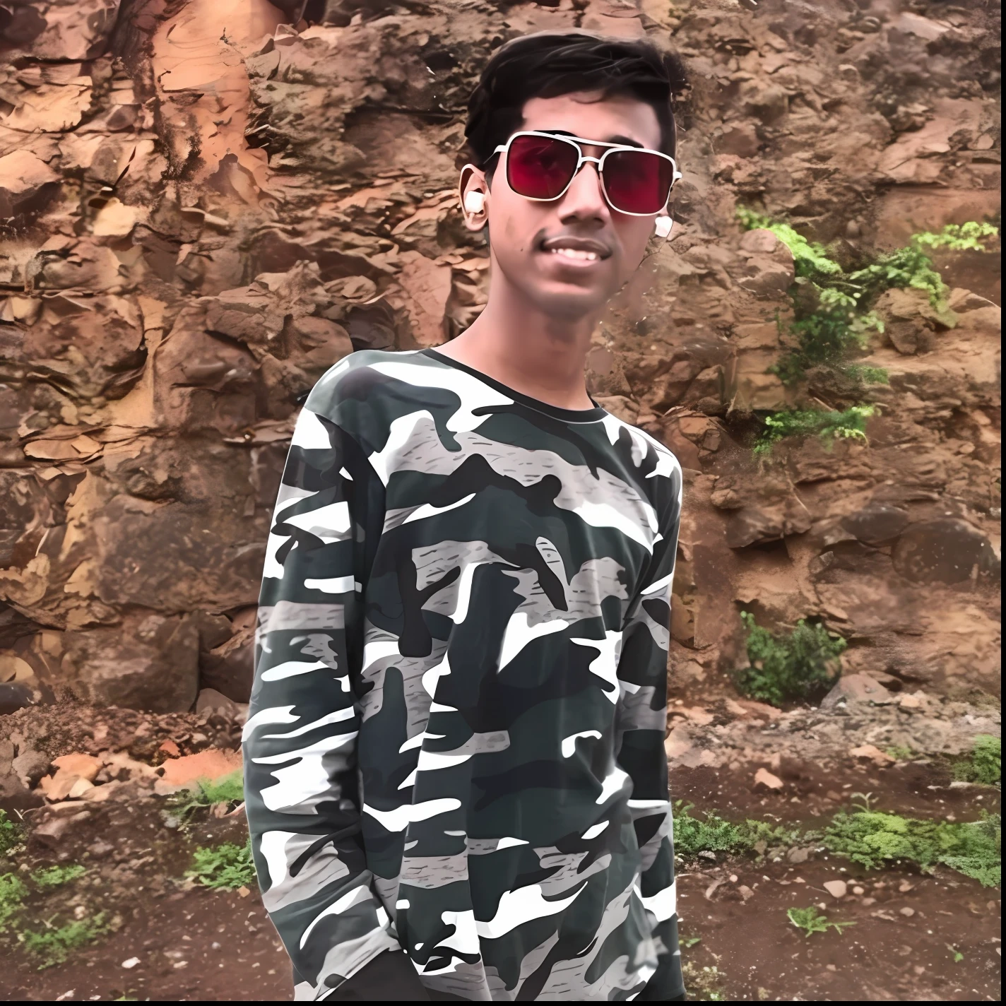 araffe man with sunglasses and a camo shirt smoking a cigarette, jayison devadas style, profile pic, jayison devadas, profile picture 1024px, very very low quality picture, profile picture, in front of a forest background, profile photo, portait photo profile picture, photo taken in 2 0 2 0, around 1 9 years old burning shirt magical glowing background glow on body