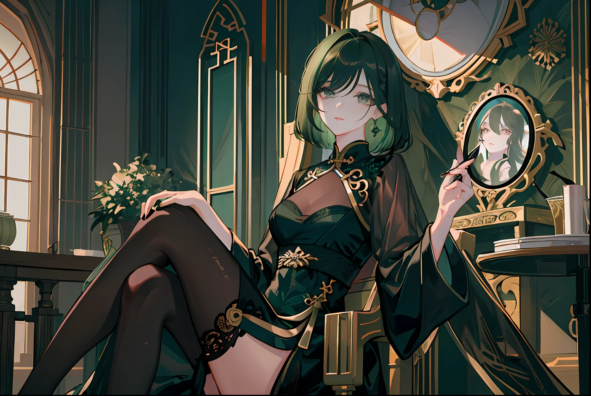 (Masterpiece, side-lighting, Ultra-detailed, fine detailed beautiful eyes: 1.2), 1girll,nightcity,Sateen,Dark green hair,short detailed hair,Black eyes,Chinese outfit,eye glass,Indifferent expression,