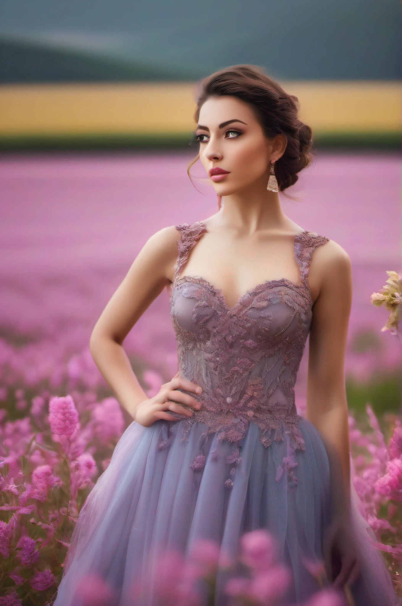 beautiful woman, beautiful dress, beautiful color field, award winning landscape photo, perfect symmetric eyes, gorgeous face, 8k uhd, dslr, soft lighting, high quality, film grain, Fujifilm XT3