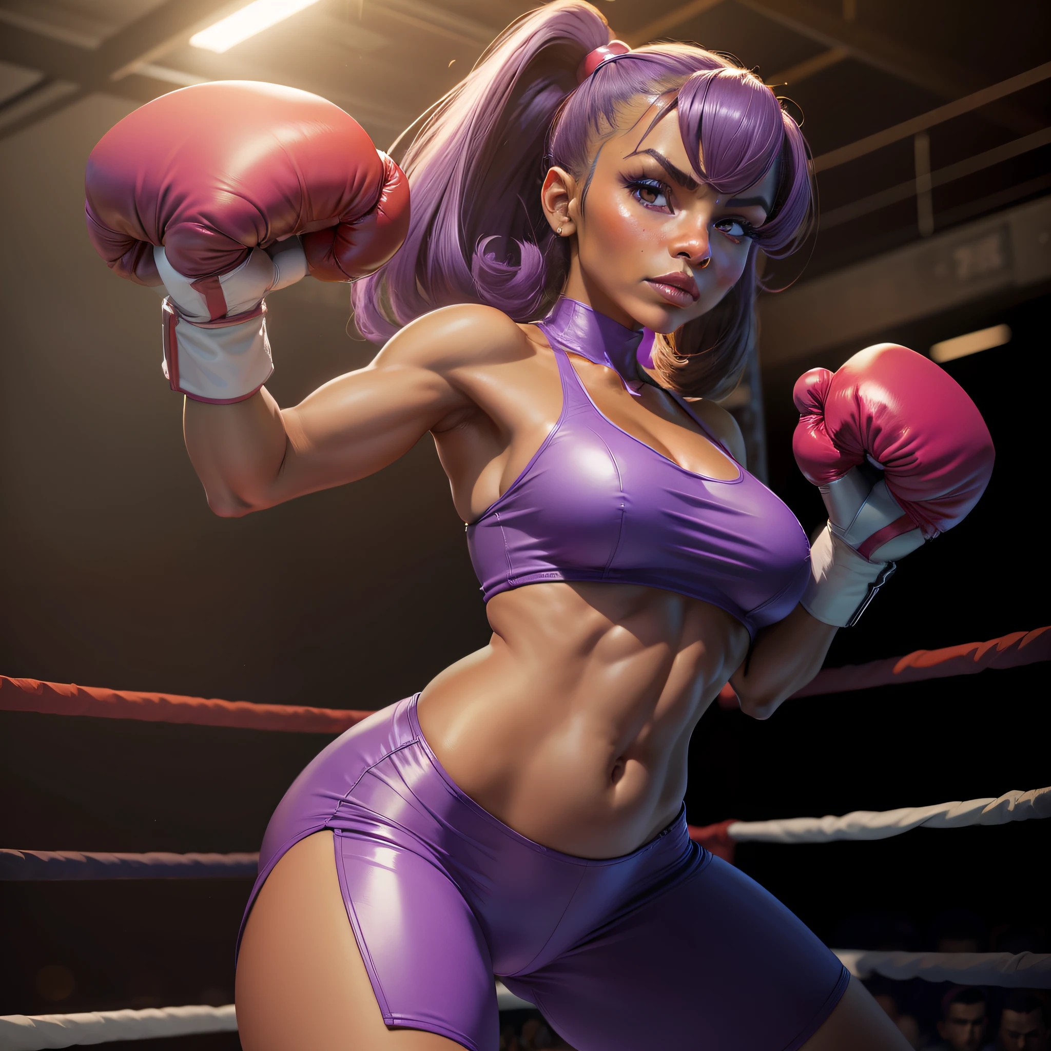 An eye-catching, highly realistic photo of a tanned woman dressed as Hitmonchan from Pokémon, purple outfit , with a vibrant rendering of the costume and boxing backdrop.