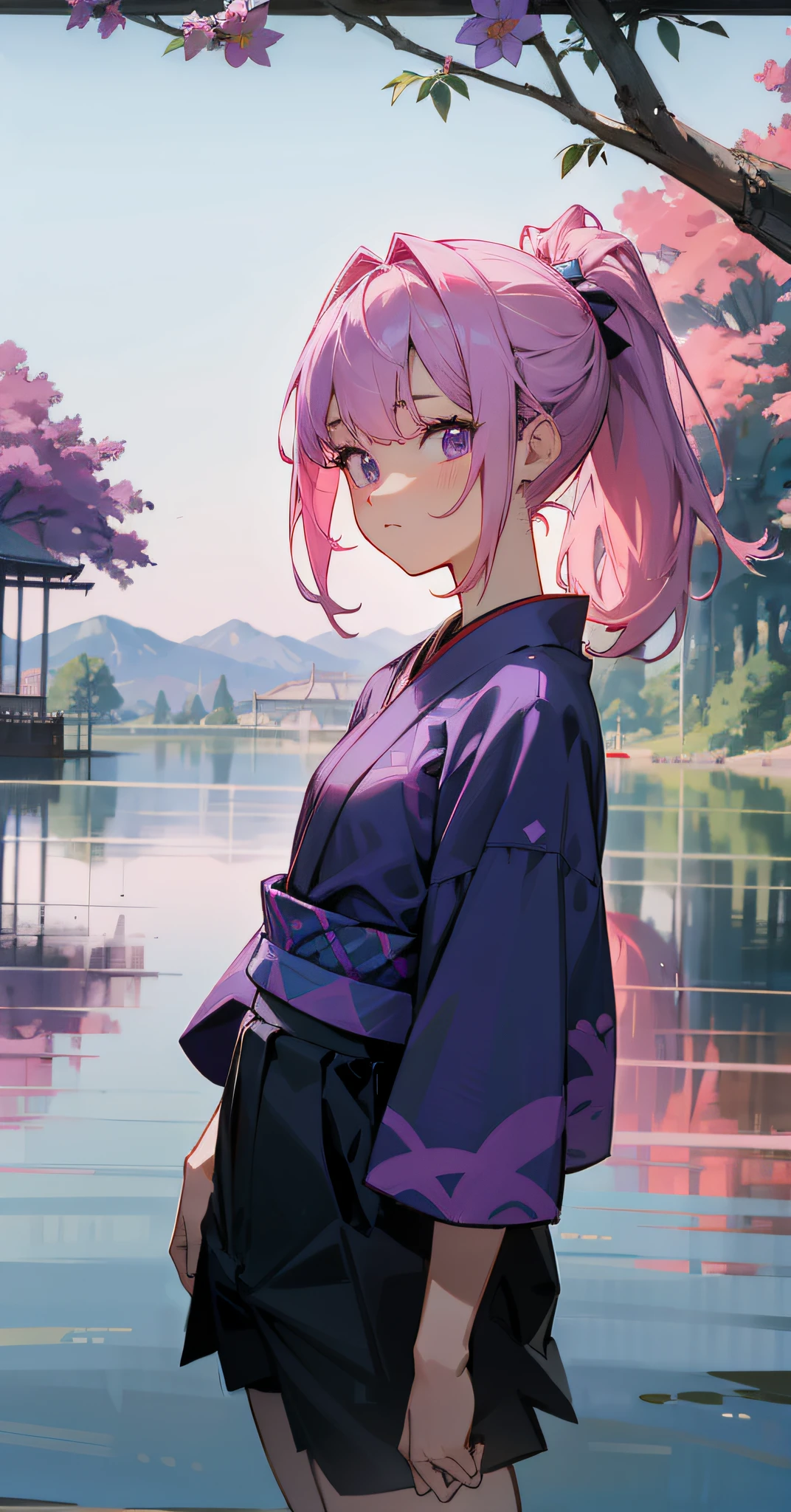 1girl, pink hair, pony tail,purple eyes, wearing dark blue shirt with patterns, shorts, japan theme, lake in background,absurdres, high res, ultrasharp, 8K, masterpiece, looking at viewer, confident, tree