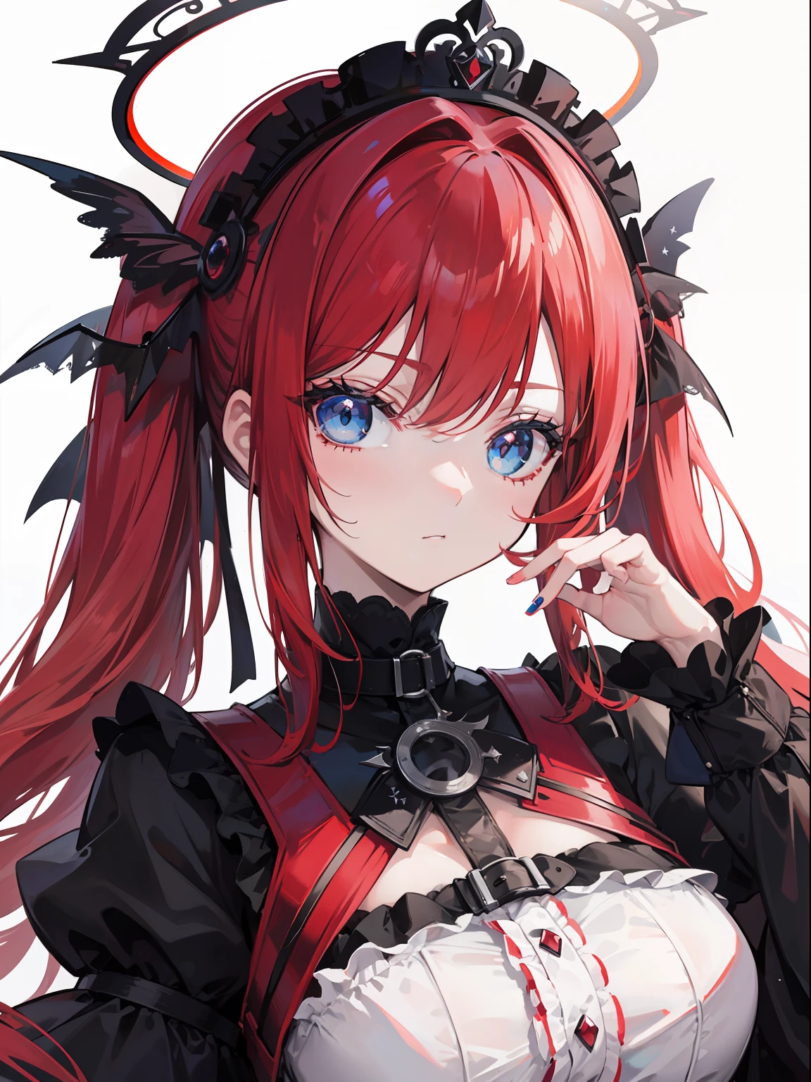 Red hair, Blue eyes, twintails, Goth Lolita, Darkgoth, Collar,Crown tiara,pride,solo,loli,Long hair,{{best quality}}, {{masterpiece}}, {{ultra-detailed}}, {illustration}, {detailed light}, {an extremely delicate and beautiful},halo,vine