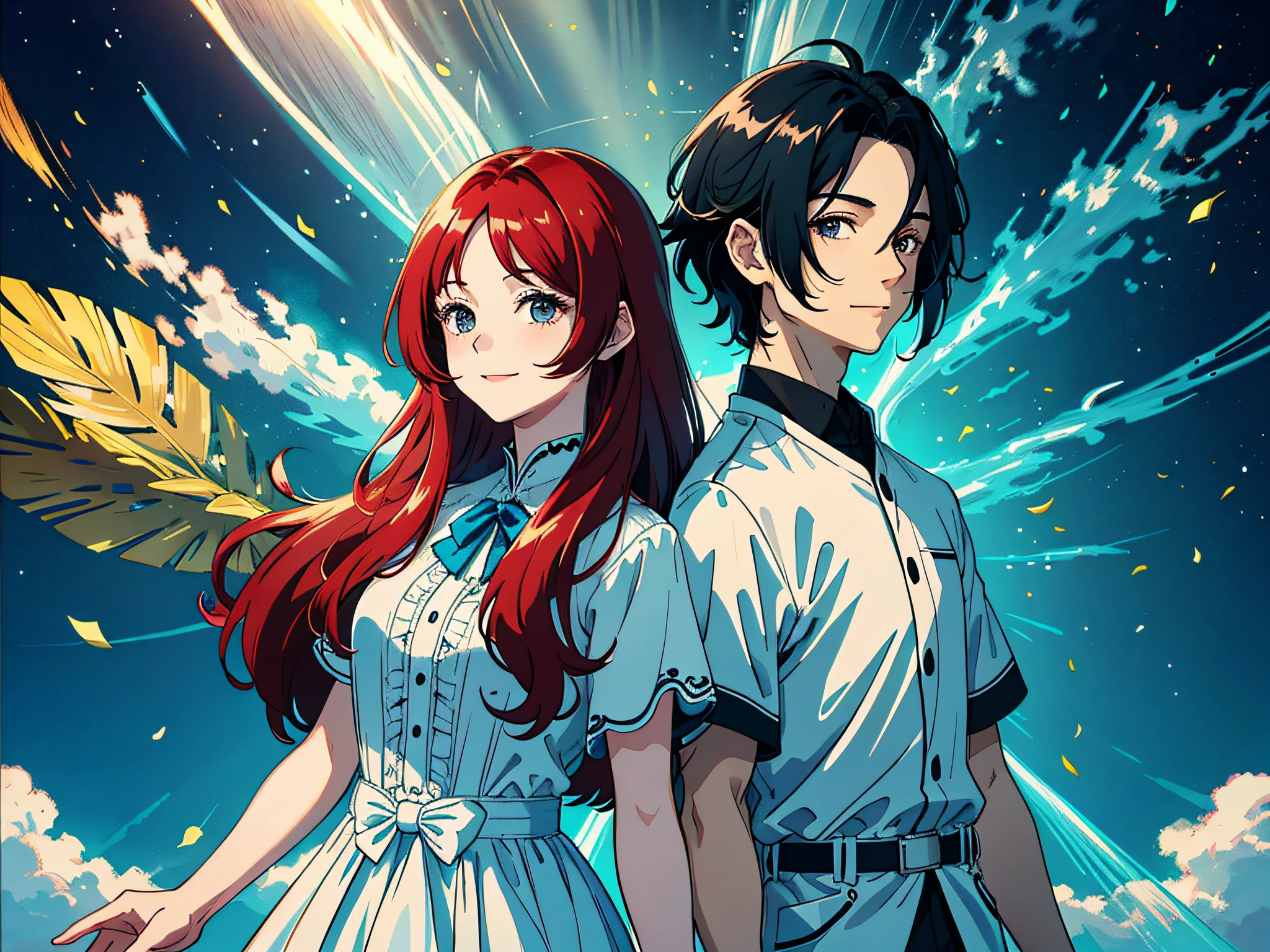 tmasterpiece,8k wallpaper,CG,super high image quality,light and shadow effect (A girl with long red hair in a white dress and a boy with short black hair and short white sleeves:1.9)(A happy expression appeared on his face:1.8)(Close-up display:1.9) blue-sky,baiyun,rays of sunshine,big trees