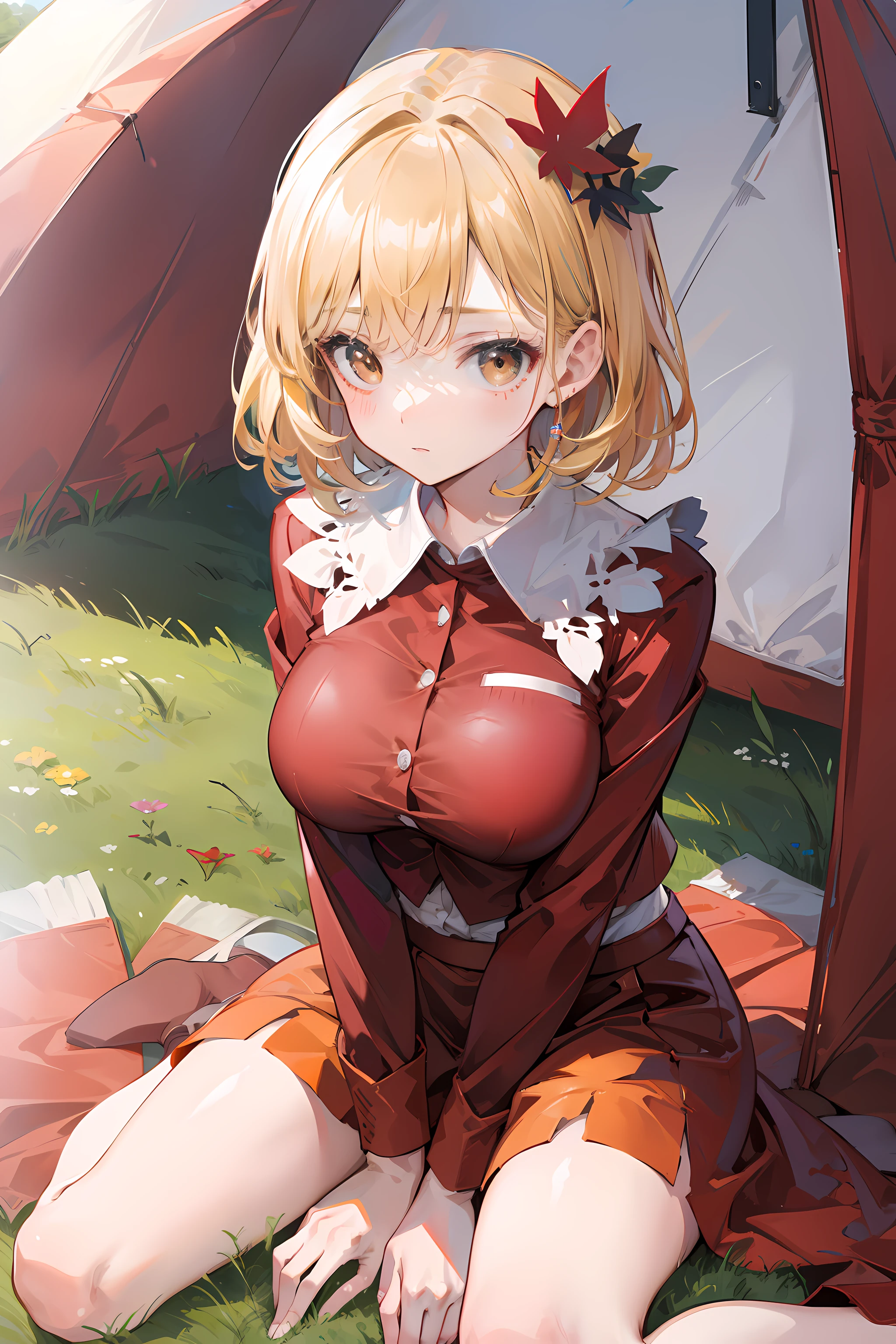 (masterpiece),best quality, expressive eyes, perfect face, 1girl,
big breast, H-cup, good breast, hands on waist,beautiful, gorgeous,anime,girl,lora,tent boobs, tent chest, tent breast, floating clothes,w sitting, w sitting on ground, legs on ground, Hands between thighs, arms between legs,aki shizuha,1girl,aki shizuha, blonde hair, short hair, yellow eyes, leaf hair ornament,red shirt,skirt,long sleeves