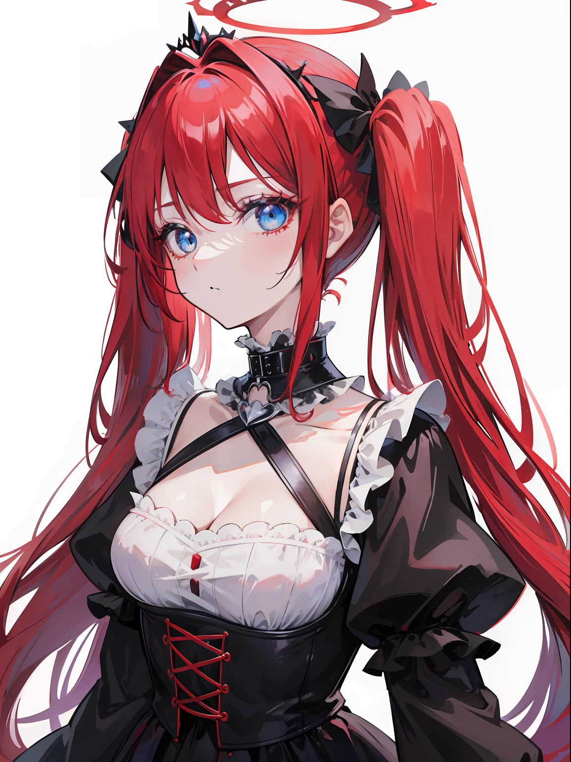Red hair, Blue eyes, twintails, Goth , Darkgoth, Collar,Crown tiara,pride,solo,loli,Lhair,{{best quality}}, {{masterpiece}}, {{ultra-detailed}}, {illustration}, {detailed light}, {an extremely delicate and beautiful},halo,vine