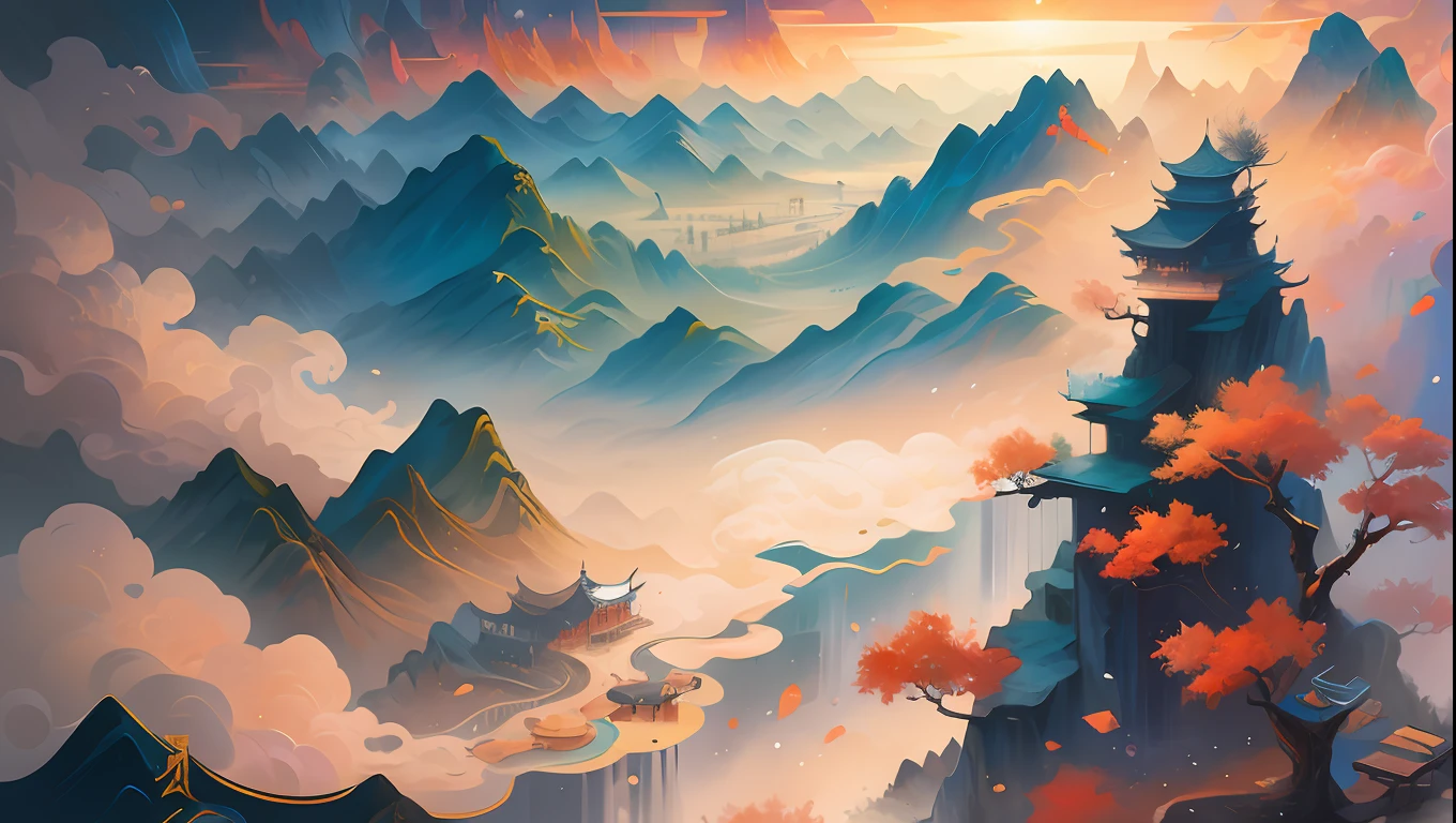 ((woman)),Ancient Chinese landscapes，mountain ranges，rios，Auspicious clouds，rays of sunshine，tmasterpiece，super detailing，Epic composition，hyper HD，high qulity，extremely detaile，offcial art，Unity8k wallpapers，super detailing，32k -- v 6