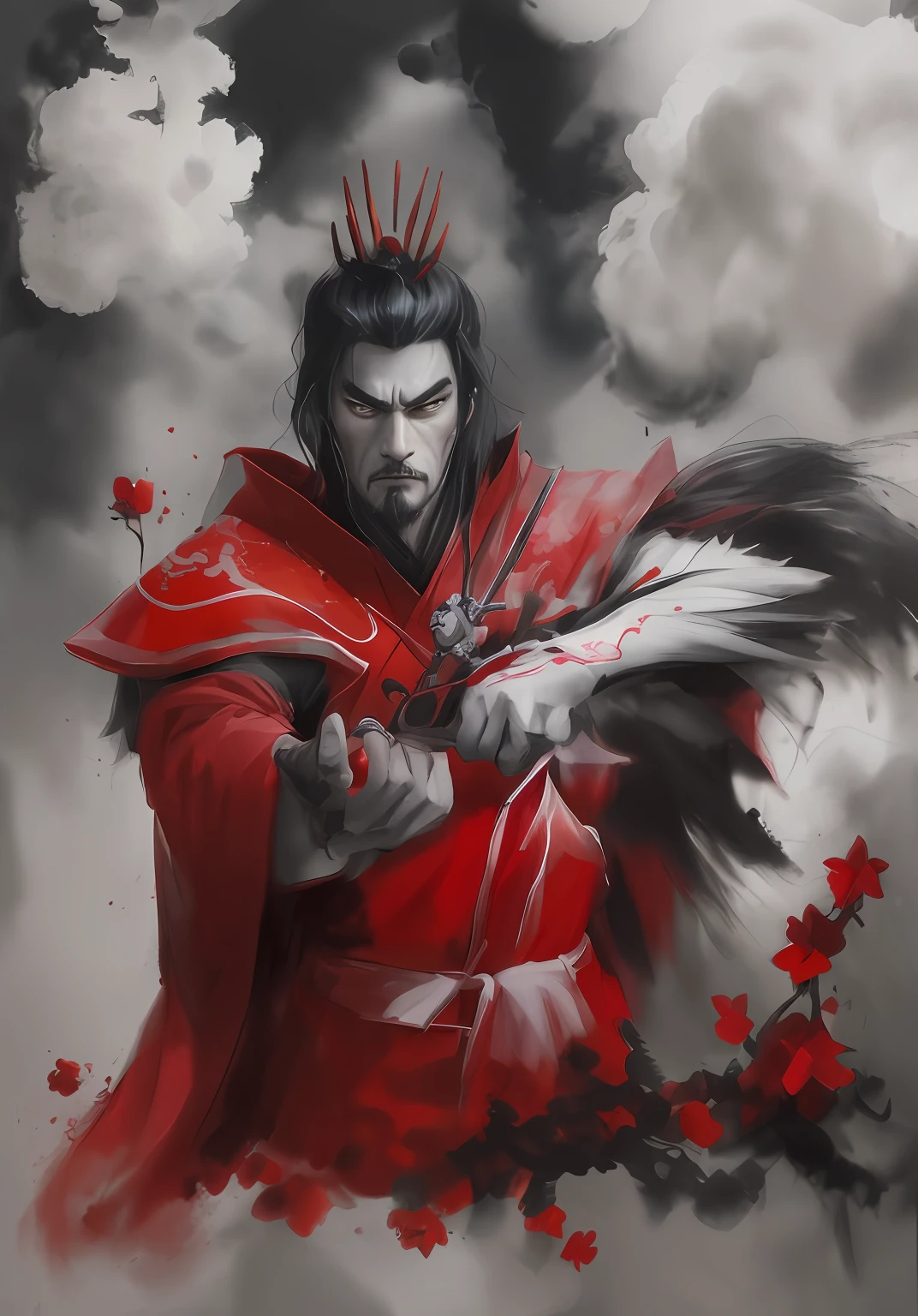 Angry man,Homem de meia idade,Black clothes,,inspired by Wu Daozi, inspired by Chen Jiru, inspired by Zhang Sengyao, inspired by Fu Baoshi,ink wash style,,Long black hair,Black hair,Yellow people,the emperor