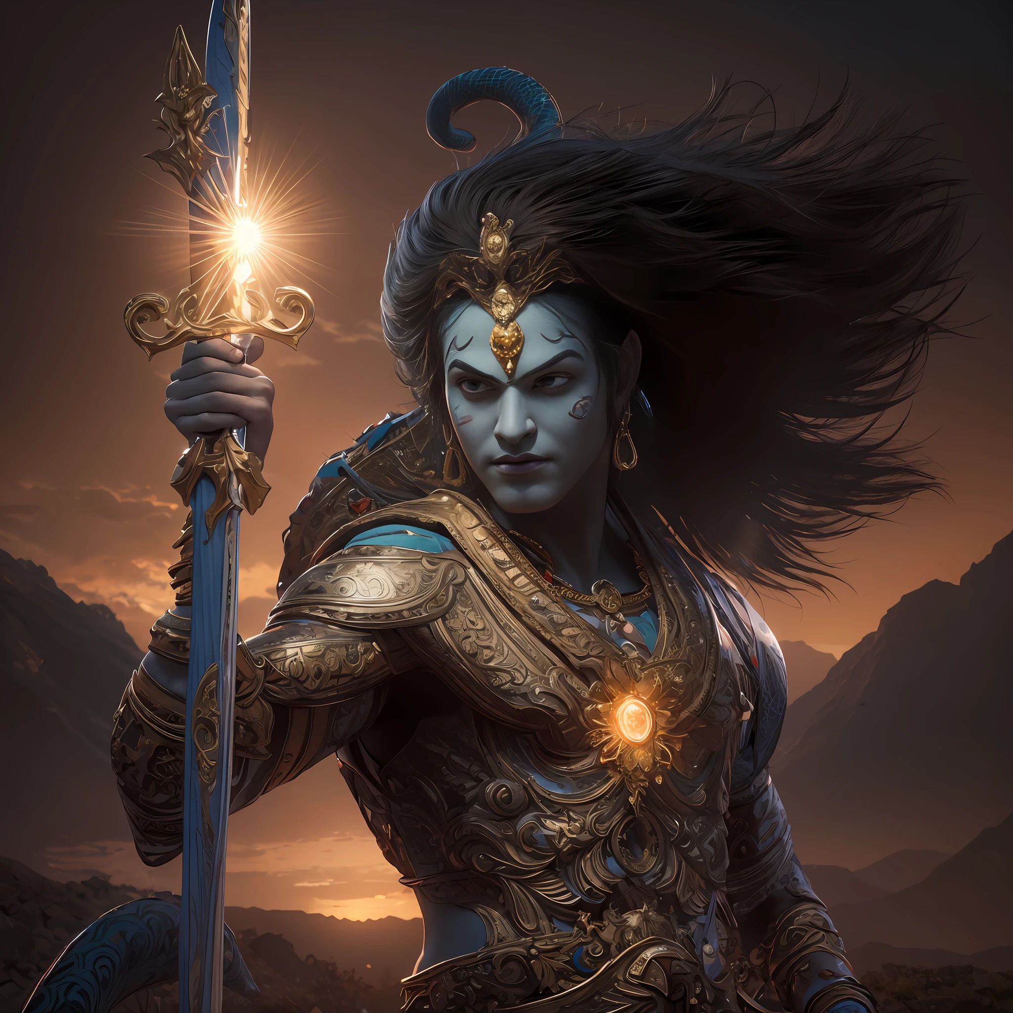 A realistic, 3D rendering of Krishna with powerful glowing sword. The rendering should be as realistic as possible, with Krishna's skin and hair rendered in fine detail.Big Cobra Hooded Snake behind Him in  background,The Overall backdrop should be a mountain range, with the sun setting in the distance. The camera should focus on Krishna's face, capturing the determination in his eyes as he holds the weapons