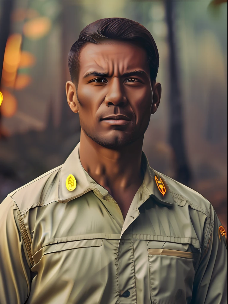 Close-up of a person with strong determined attitude, forest fire background, close-up shot, realistic.