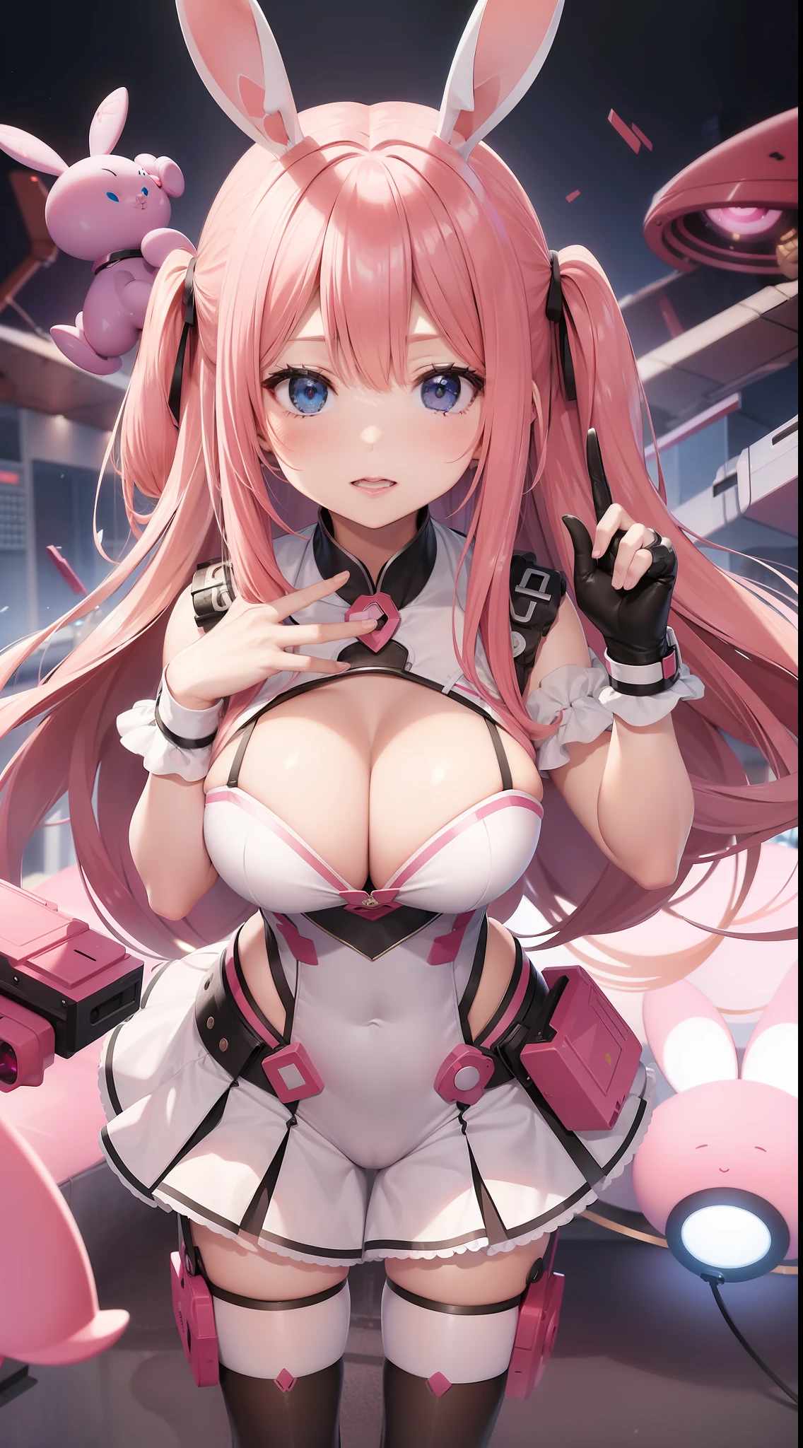 sftw,high-level image quality、hight resolution、8K image、Master gread picture,Large Pink Rabbit Fighting Robot、Anime Beautiful Girl