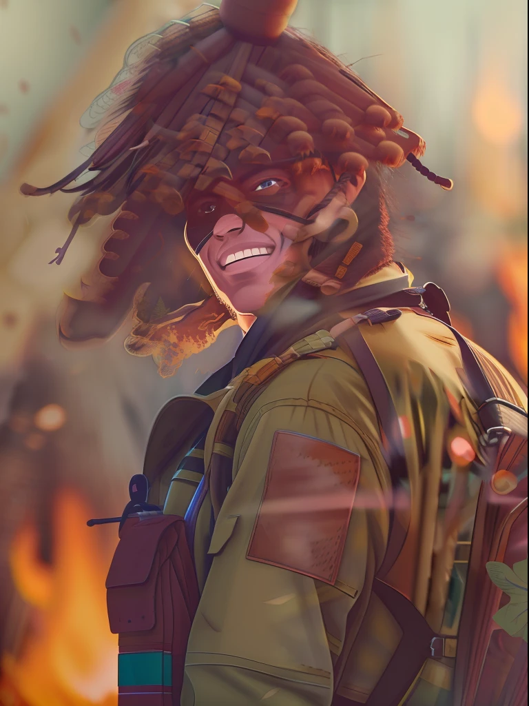 Close-up of a person with strong determined attitude, forest fire background, close-up shot, realistic.