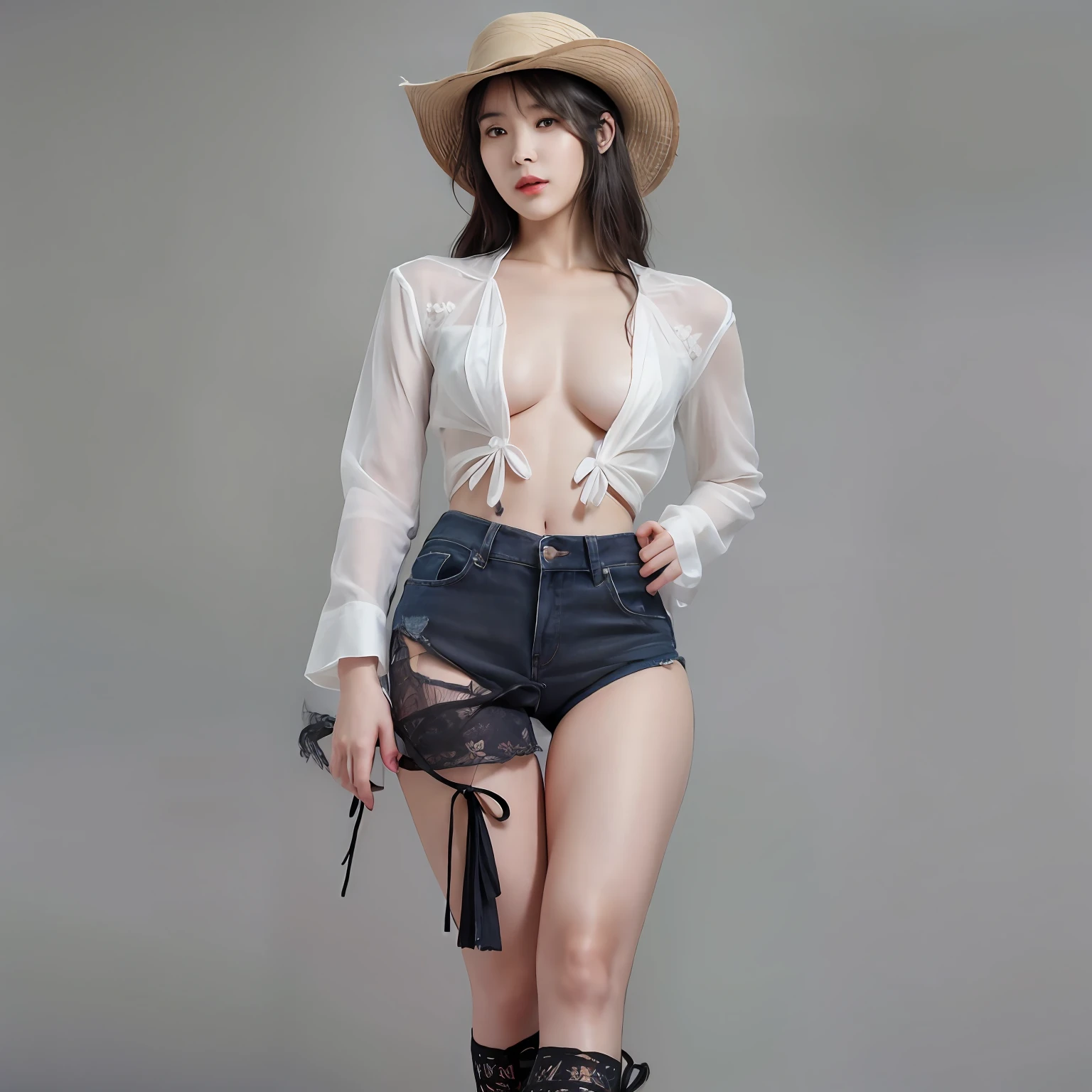 nikon RAW photo,8 k,Fujifilm XT3,photorealistic,realistic, solo, photorealistic, best quality, ultra high res, (skin spots:0.1) sexy expression, stan, modeling, masterpiece, best quality, extremely detailed face, perfect lighting, solo,1girl, sexy sight best quality, ultra high res, photorealistic, ultra detailed, masterpiece, best quality, iu1, tiny butt, lee ji-eun, nipple visible, topless, cowboy shot, photoshoot style