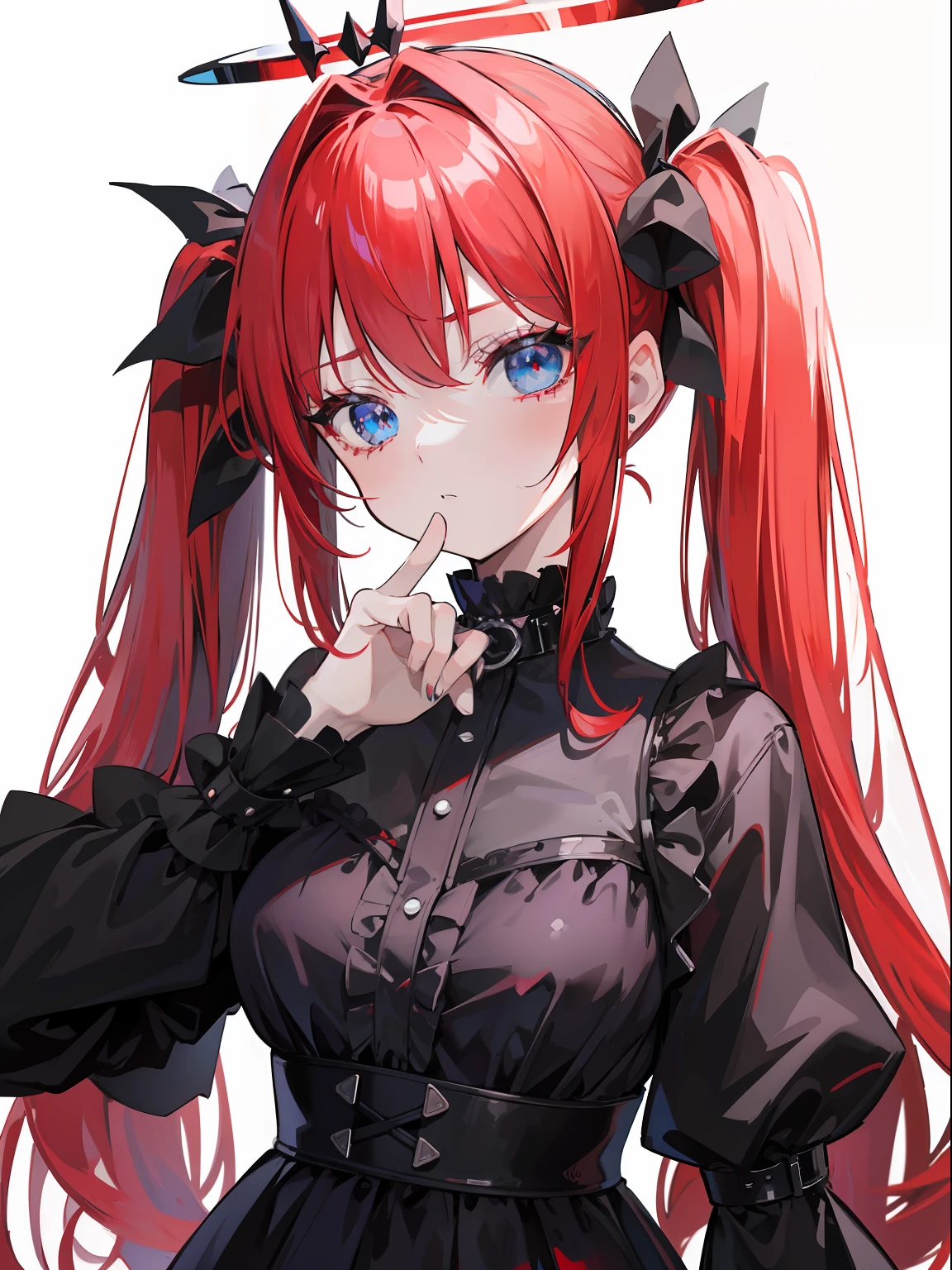Red hair, Blue eyes, twintails, Goth Lolita, Darkgoth, Collar,Crown tiara,pride,solo,loli,Long hair,{{best quality}}, {{masterpiece}}, {{ultra-detailed}}, {illustration}, {detailed light}, {an extremely delicate and beautiful},halo,