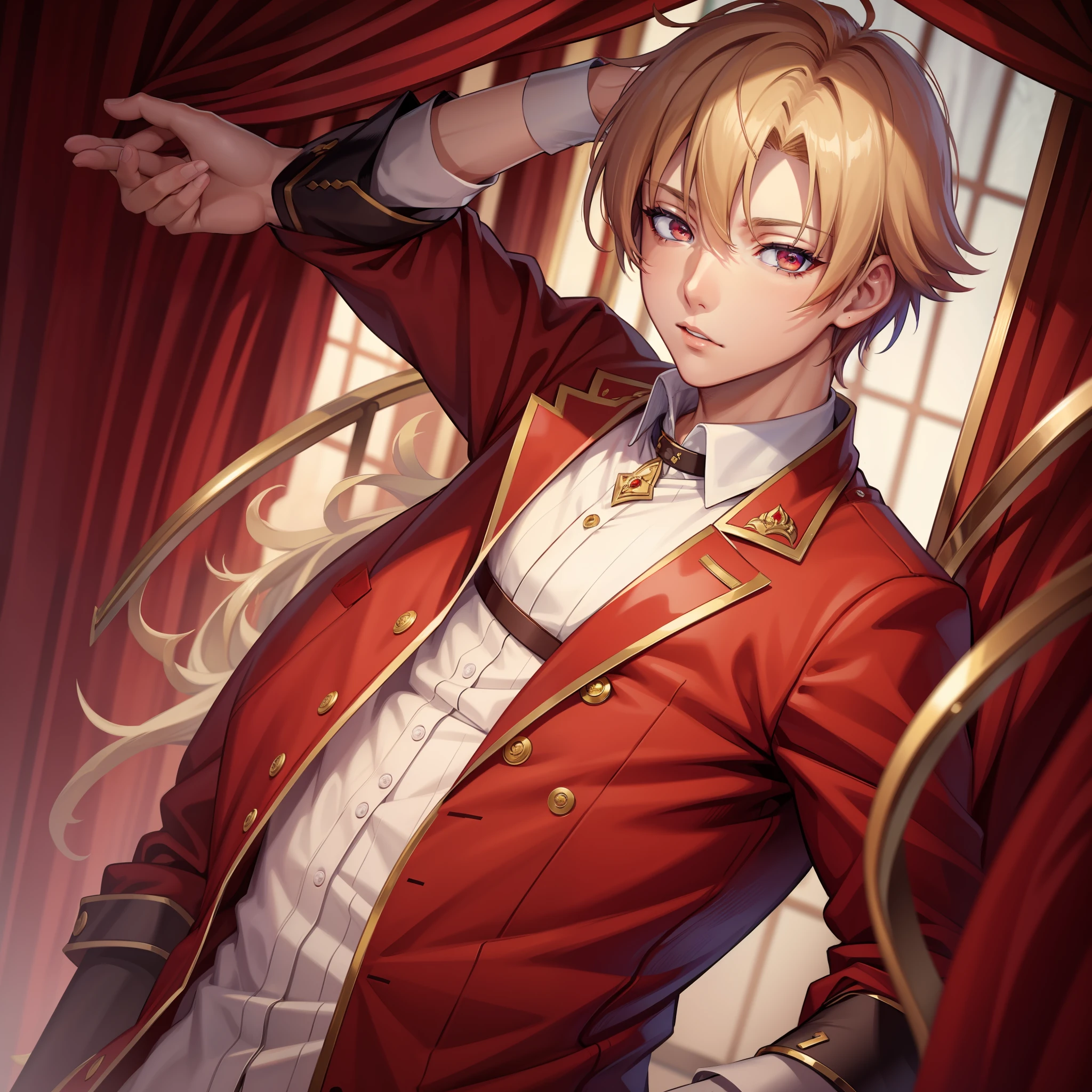 masterpiece, best quality, high quality, 1boy, solo, male focus, looking at viewer, beige-colored hair, crimson eyes, red royalty elegant prince clothes