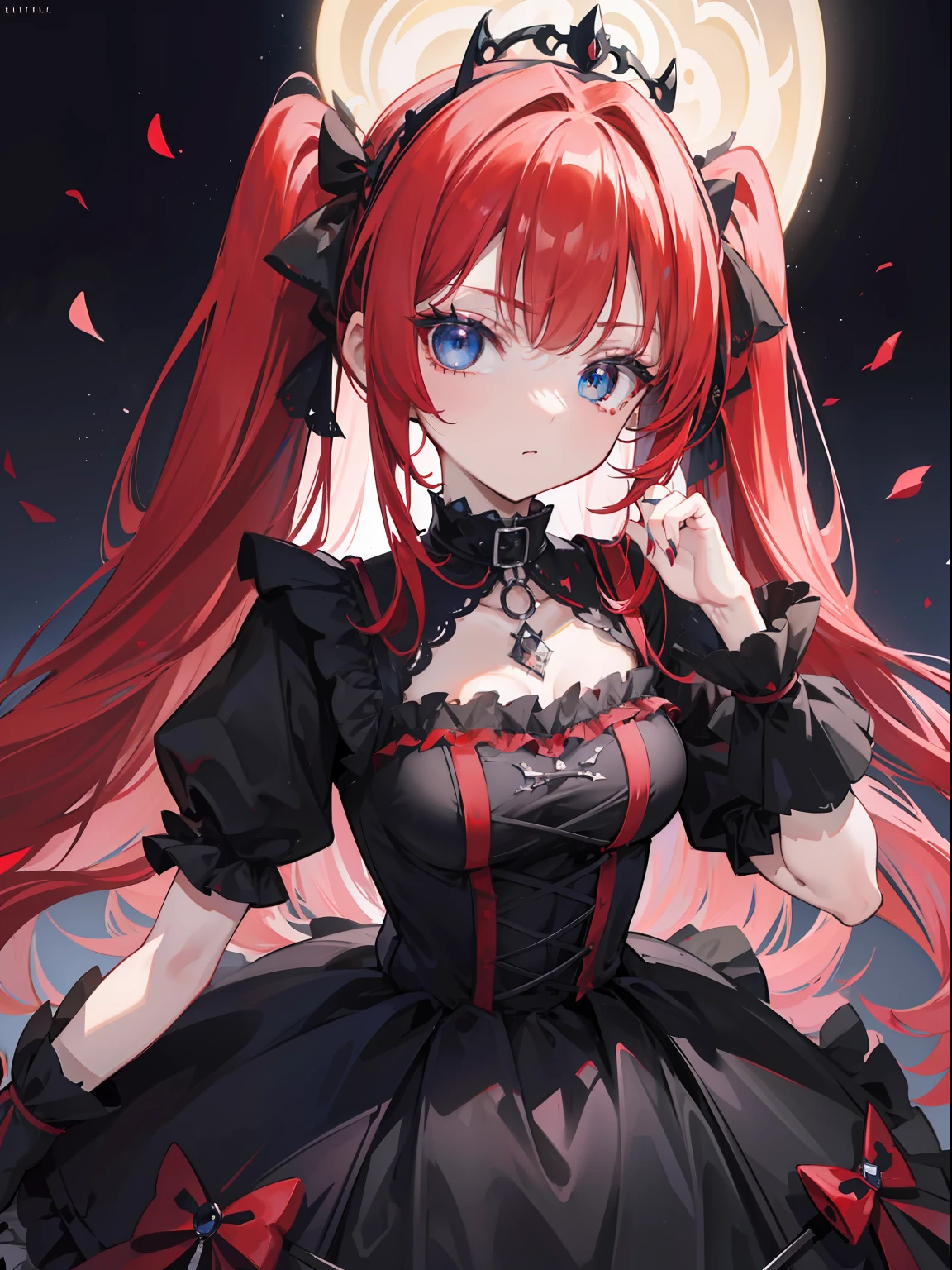 Red hair, Blue eyes, twintails, Goth Lolita, Darkgoth, Collar,Crown tiara,pride,solo,loli,Long hair,{{best quality}}, {{masterpiece}}, {{ultra-detailed}}, {illustration}, {detailed light}, {an extremely delicate and beautiful},halo,