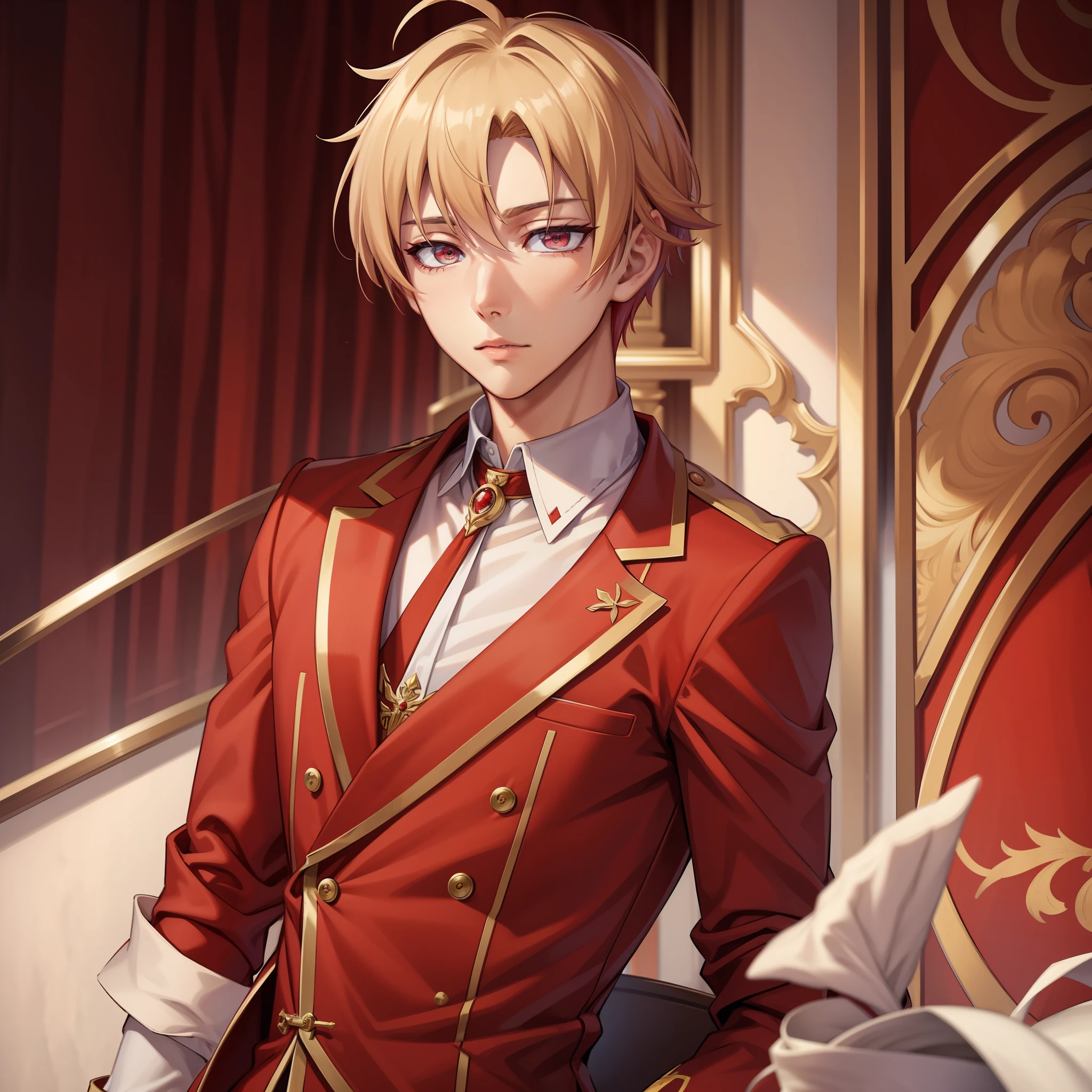 masterpiece, best quality, high quality, 1boy, solo, male focus, looking at viewer, beige-colored hair, crimson eyes, red royalty elegant prince clothes