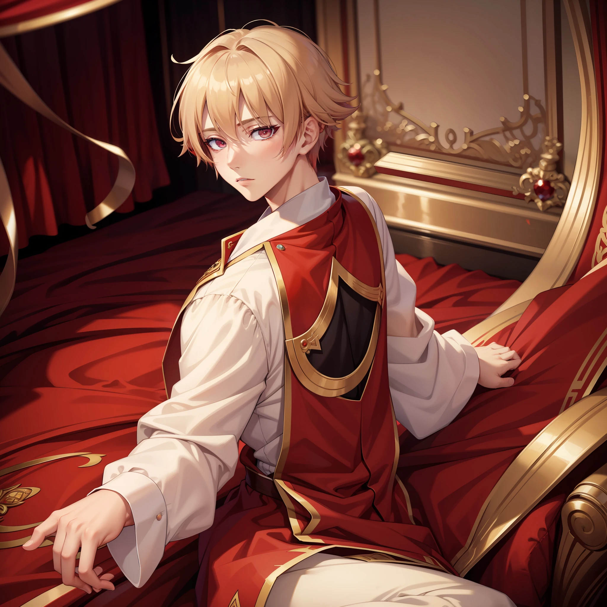 masterpiece, best quality, high quality, 1boy, solo, male focus, looking at viewer, beige-colored hair, crimson eyes, red royalty elegant prince clothes