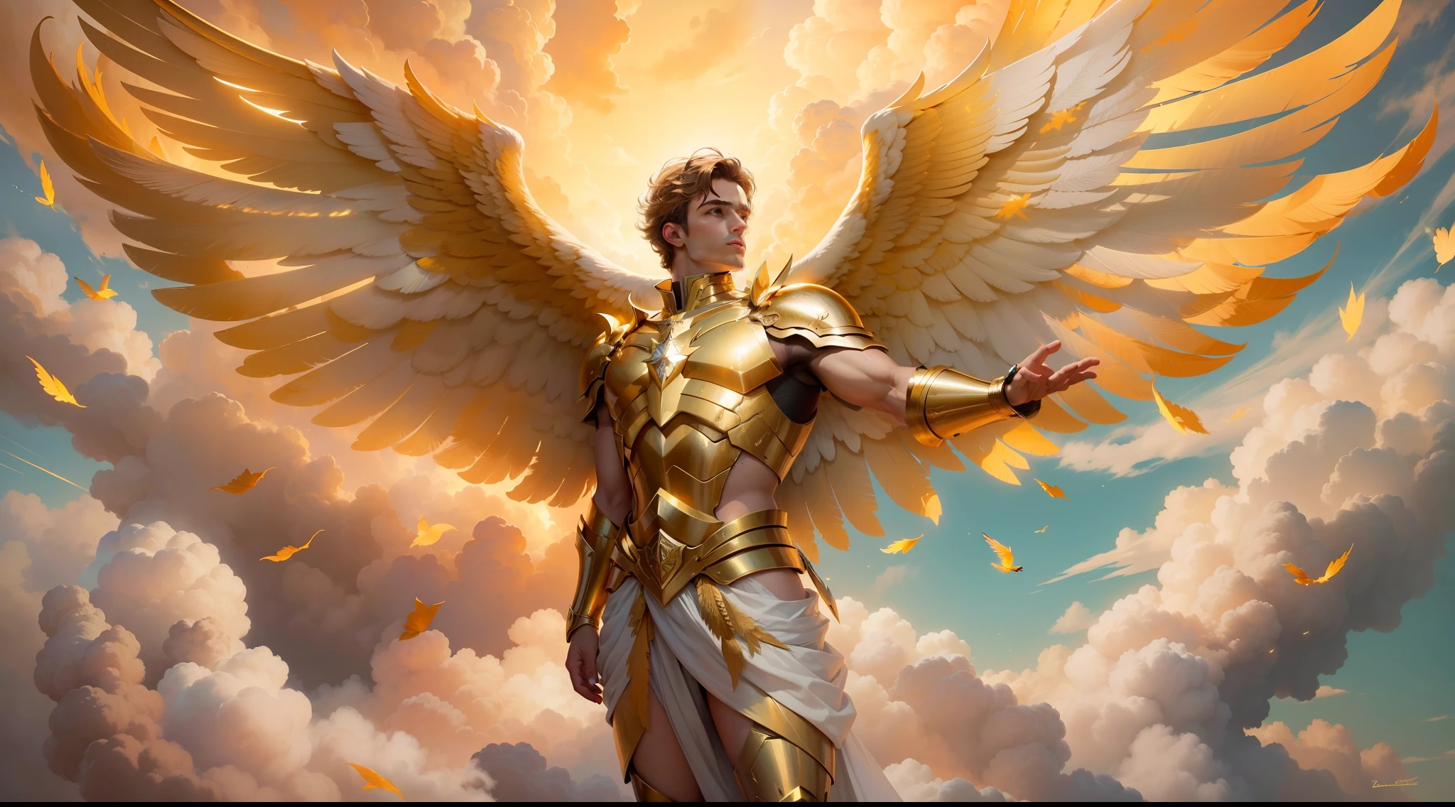 (papel de parede 8k extremamente detalhado), uma pintura realista de um Anjo (masculino) com rosto detalhado e perfeito, com armadura dourada em seu peito, with detailed wings amid the clouds in the sky with golden lights, intrincado, alto detalhe, Dramatic