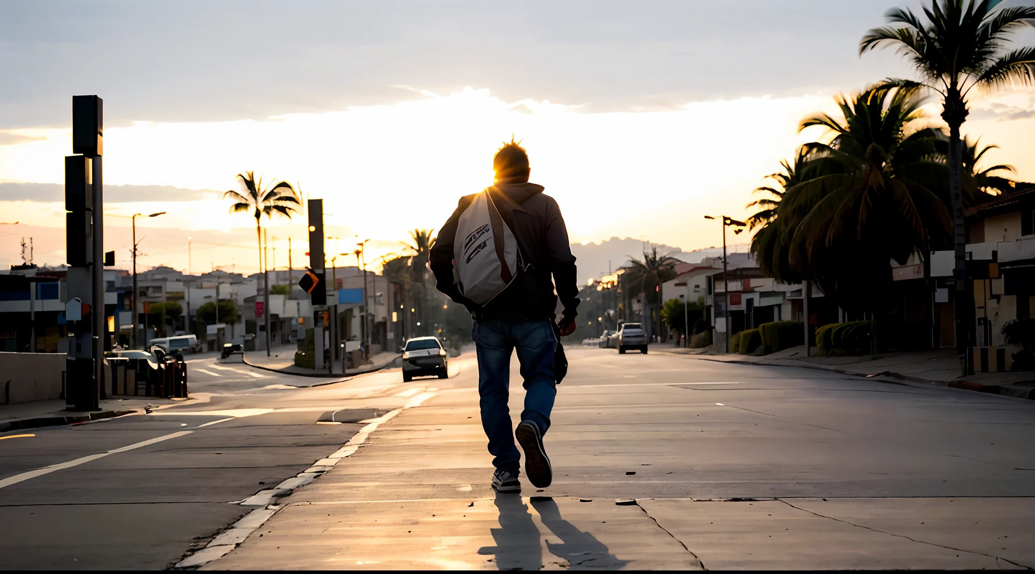 Arafed man walking down a sidewalk with a skateboard at sunset, homem andando pela cidade, homem andando, Lonely human walking, walking away from camera, sun behind him, Afastando-se, walking confidently, walking away from camera, he is traversing a shadowy city, silhueta de um homem, going forward to the sunset, silhueta do homem