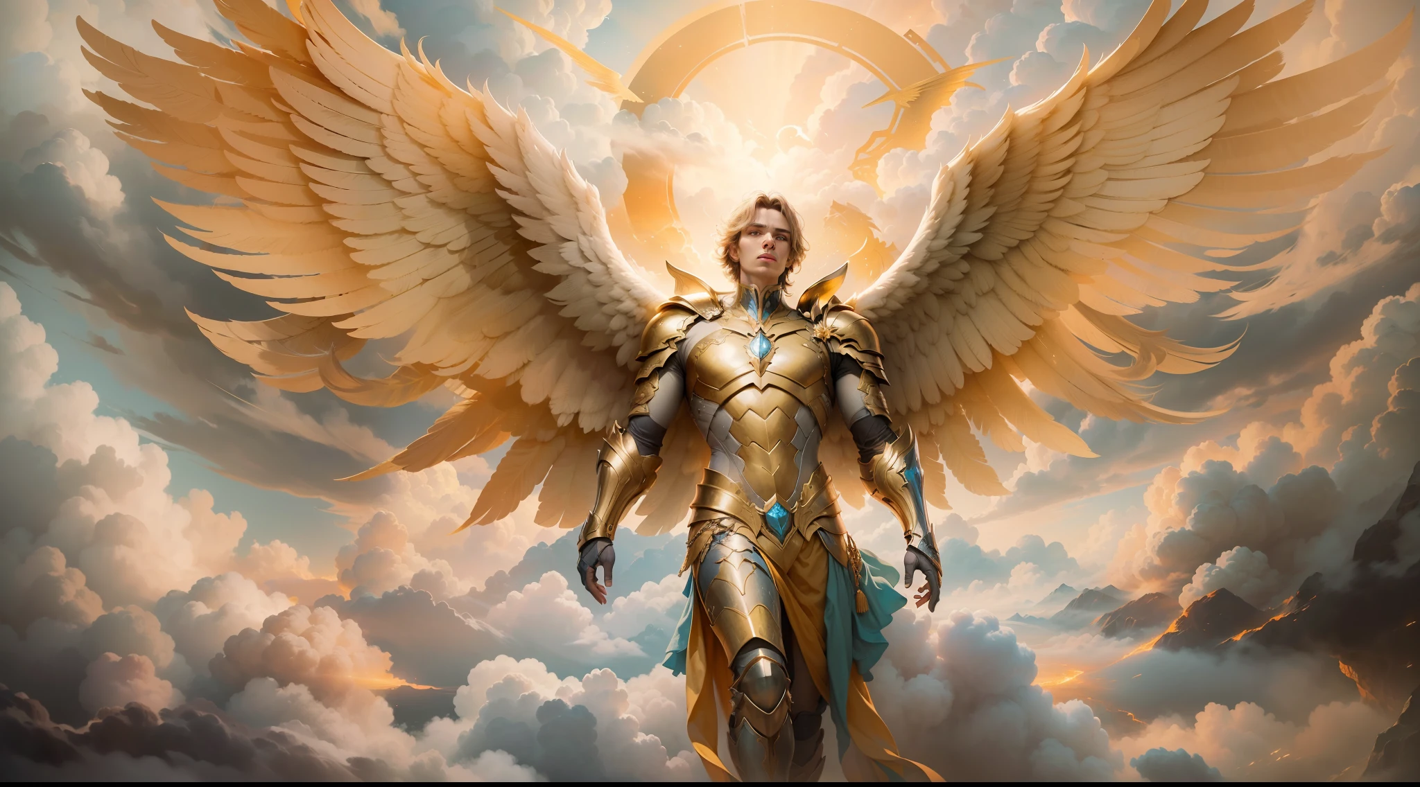 (papel de parede 8k extremamente detalhado), uma pintura realista de um Anjo (masculino) com rosto detalhado e perfeito, com armadura dourada em seu peito, with detailed wings amid the clouds in the sky with golden lights, intrincado, alto detalhe, Dramatic